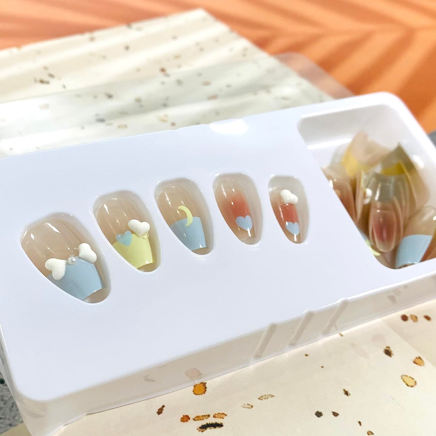 Vezocim French Tip Square Medium Press on Nails 24Pcs Glossy Full Cover Artificial Fake Nails with Blue Heart Designs Acrylic Coffin False Nails Glue Fingernails with Charm for Women
