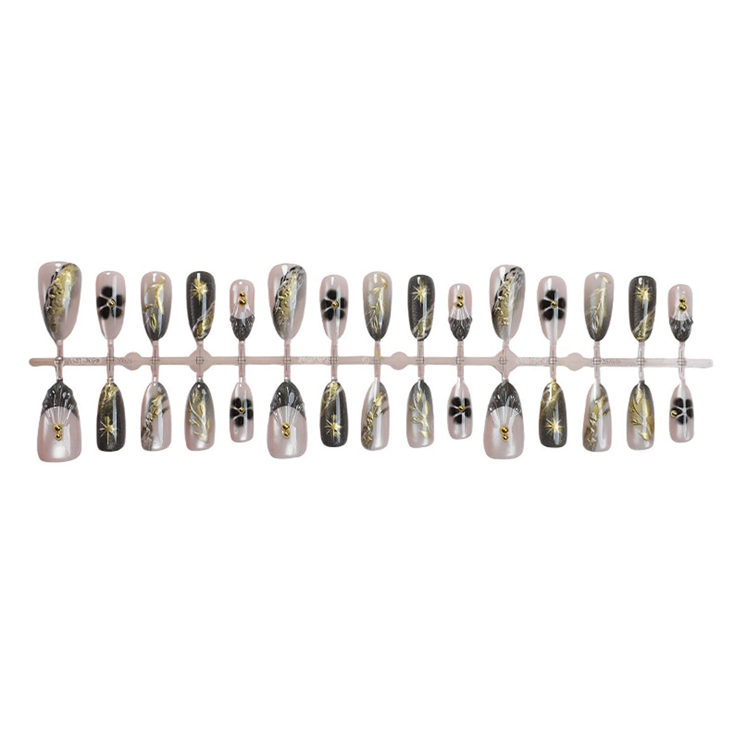 Marble Texture Gold Foil Press on Nails Medium Almond Fake Nails 3D Golden Leaf Star False Nails Cute Flower Acrylic Nails French Tip Glue on Nails Glitter Full Cover Stick on Nails for Women 30Pcs