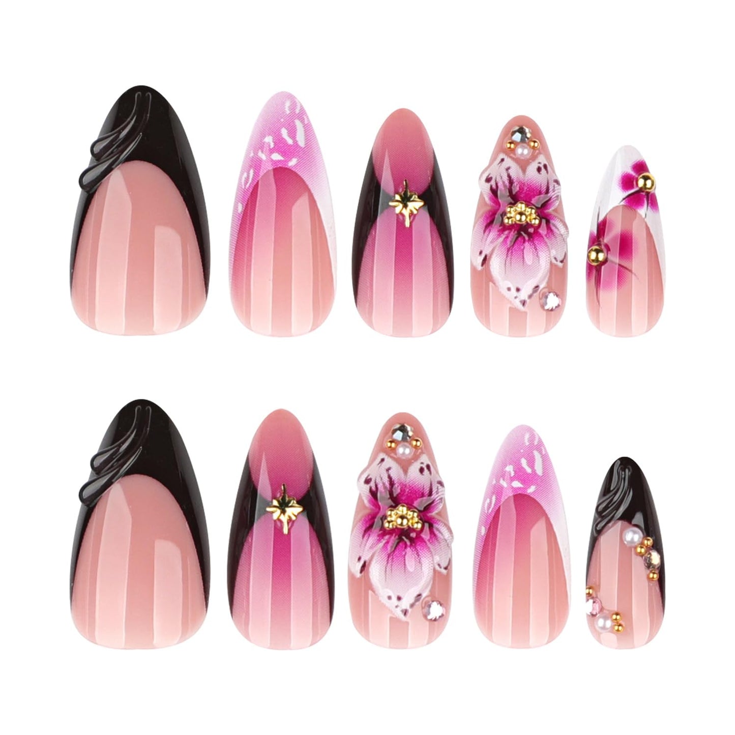 Purple Floral Press On Nails Almond Medium Long, Plum Gradient Fake Nails with Hand Painted Flower Design, Glossy French Tip Acrylic Nails, Reusable Stick On Nails Kit for Women, Elegant Salon Style