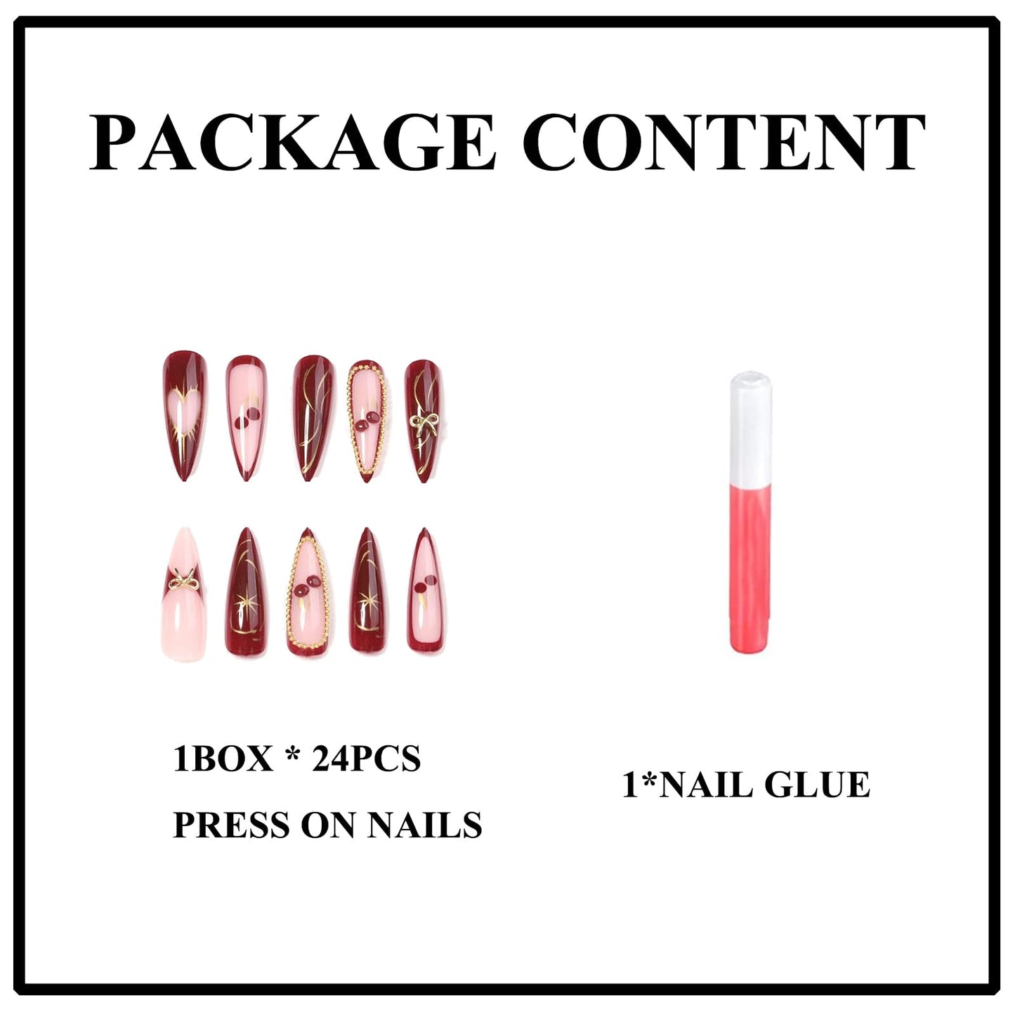 MERVF Press on Nails Long Stiletto, Wine Red French Tip Fake Nails Heart Glue ons Gold Bow Cherry Pearls Design Burgundy Acrylic Nail Glossy 24pcs
