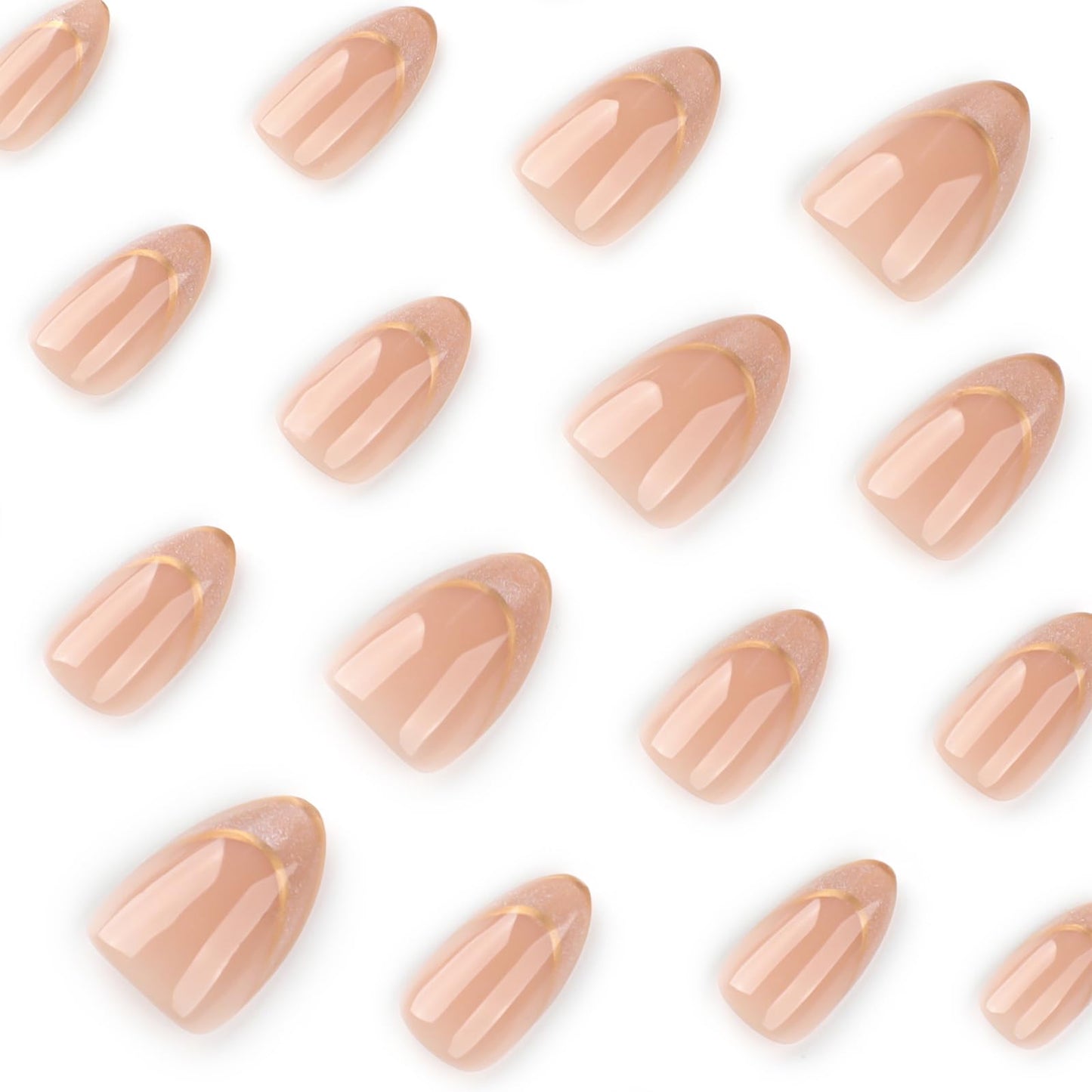 Short Almond Press On Nails – Nude Glitter French Tips with Gold Outline, Glossy Acrylic Fake Nails, Reusable Stick On Nails Kit for Women, Elegant Shimmery Manicure Set