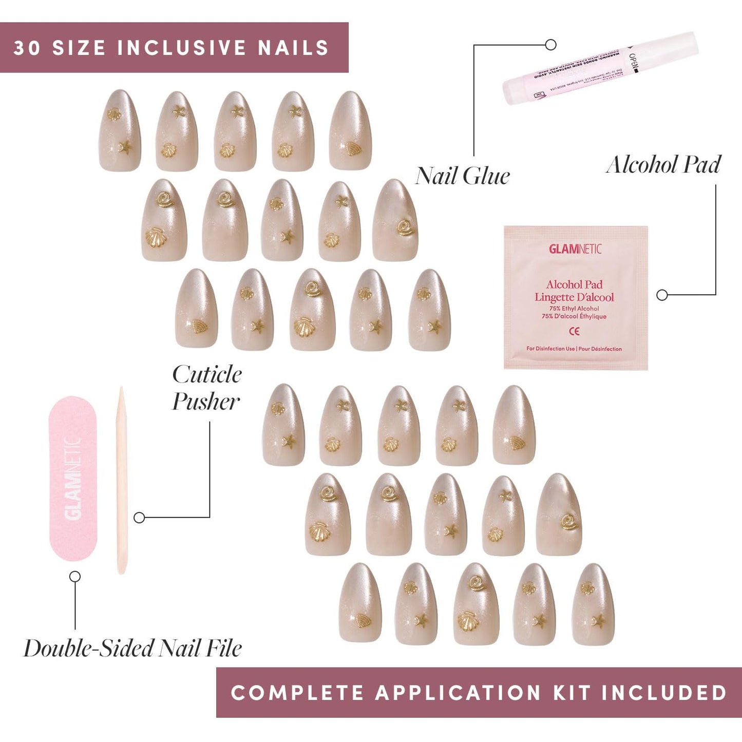 Glamnetic Press-On Nails Bundle - Sanded & Berry Maroon | Short Almond Nude Fake Nails with Raised Gold Shell Accents | Dark Red Short Round Fake Nails | Reusable, Salon-Quality Nail Kits