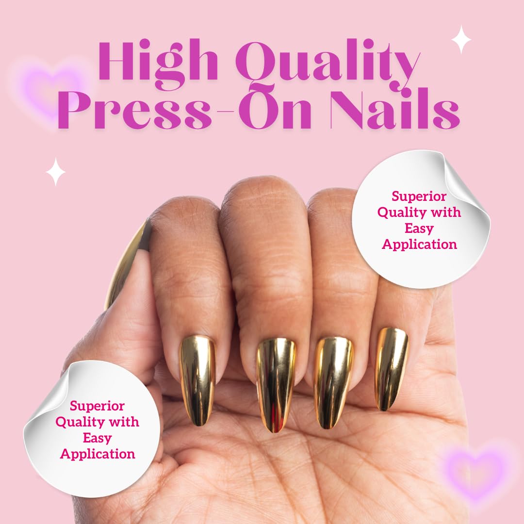 Keep It Classy Chrome Gold, Press-On Nails Kit by Monyetta Shaw || Almond Medium || Reusable, Vegan, Non-Toxic, Easy Application || One 24 Nail Kit