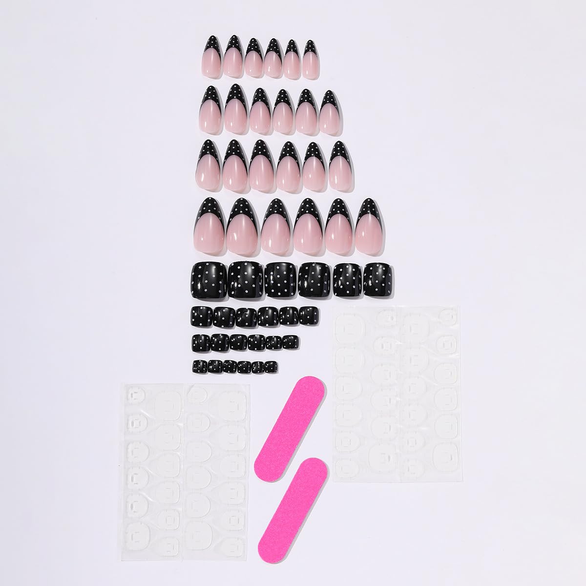 Polka Dot Press on Nails & Press on Toenails Matching Set -Black French Almond Nails Press ons,Black Toe Nail Press ons Short Square,Reusable | Artificial | Nail Sticky Tab | Easy Apply | 48Pcs