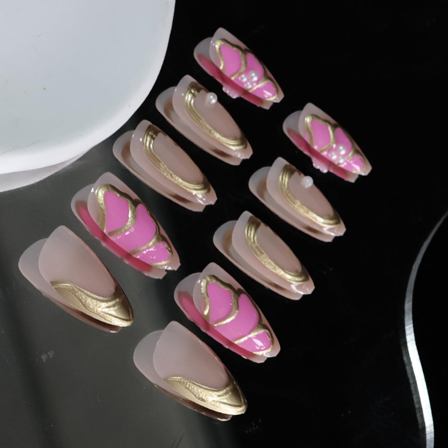 VOTACOS Gold French Tip Press on Nails Almond Medium 3D Butterfly Acrylic Fake Nails Press Ons with Designs Pearl Gold Line Glue on Nail for Women 24PCS Nude Reusable Artificial Stick on False Nail