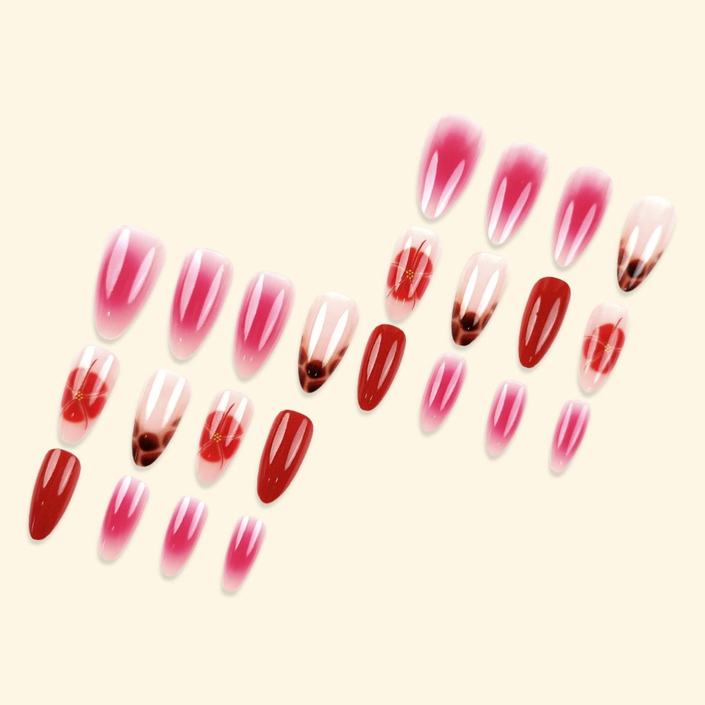 Long Press on Nails Almond Fake Nails Red False Nails French Artificial Nails with Flowers and Leopard Designs FloralStick on Nails for Women 24pcs
