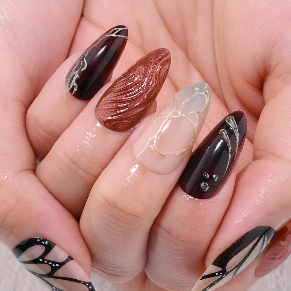 evpct 3D Press on Nails Short Almond No Glue with Design, 3D Wave Blue French Tip Stick on Nail for Women, Reusable Full Cover Press on Fake Nail Perfectly Fit with Butterfly Wing Gold Line Design