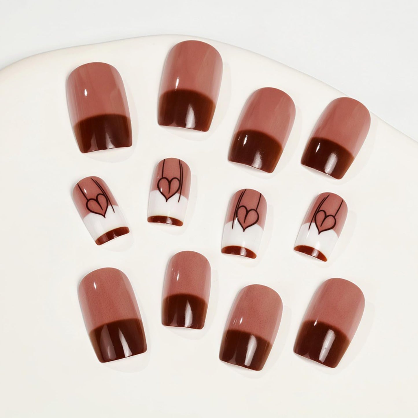 Valentines Press on Nails Medium Square French Tip Fake Nails Translucent Love Design Artificial Acrylic Full Cover Glossy Heart Stick on Nail Artificial Fingernails for Women Festival Manicure 24Pcs