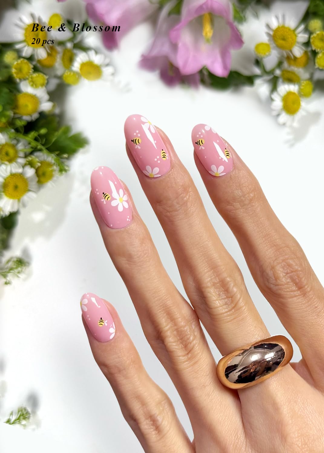 AutyaMee Semi Cured Gel Nail Strips (Bee & Blossom), 20 Pcs Gel Nail Wraps, Stickers, Nude Pink, Salon Quality, Works with Any UV Lamps