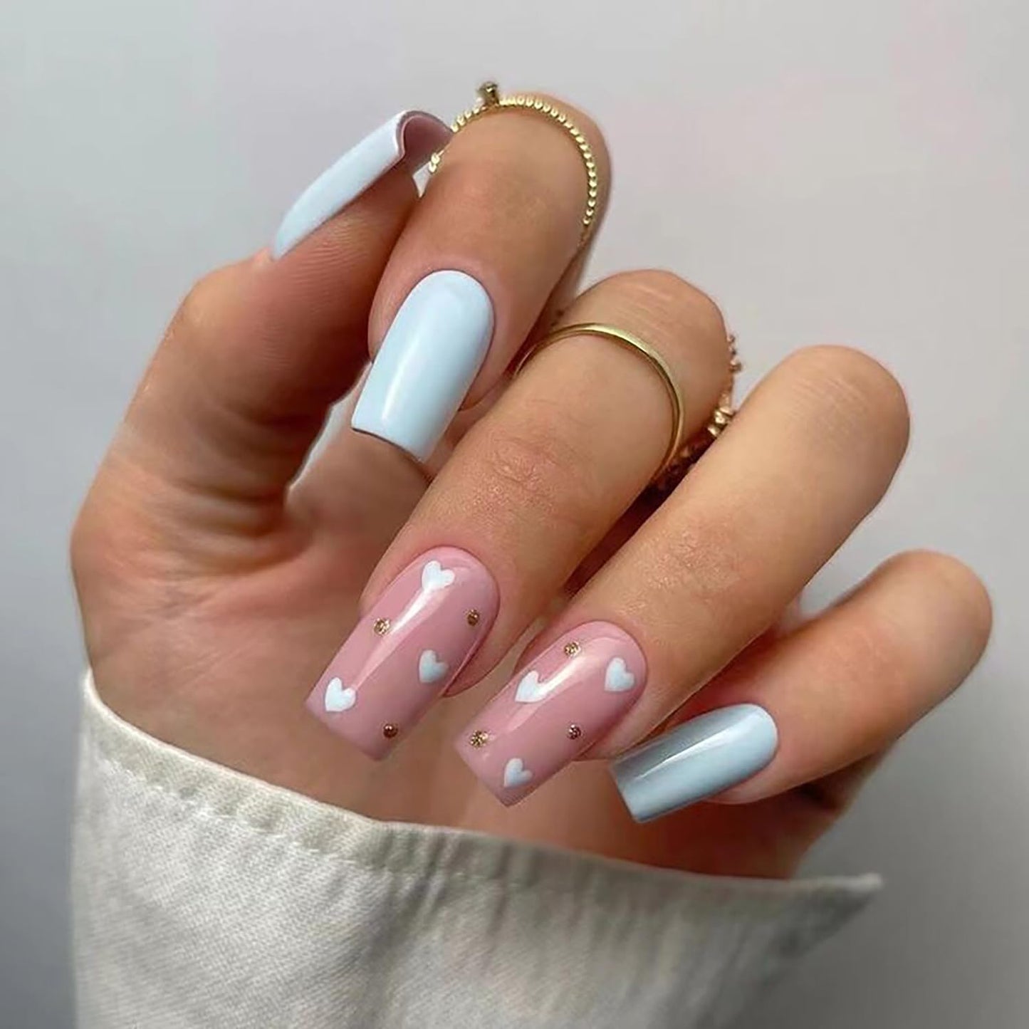 Vezocim Press on Nails Medium Blue Heart 24Pcs Glossy Full Cover Square False Nails with Rhinestone Designs Artificial Coffin Fake Nails with Glue Stick on Fingernails for Women