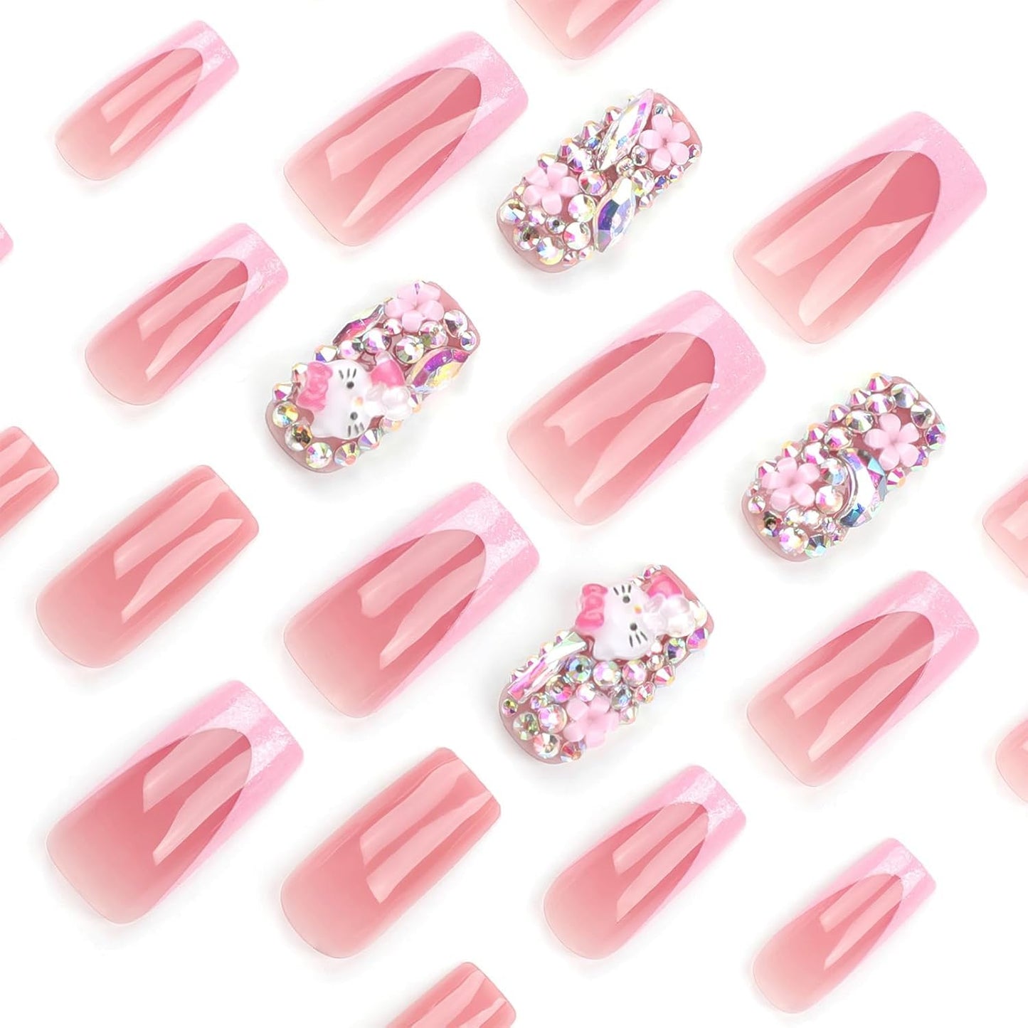 24Pcs Glitter Pink French Tip Press on Nails Medium Length Square Fake Nails with 3D Rhinestones Flower Cute Cat Full Cover Coffin False Nail with Charms Designs Acrylic Nail for Women