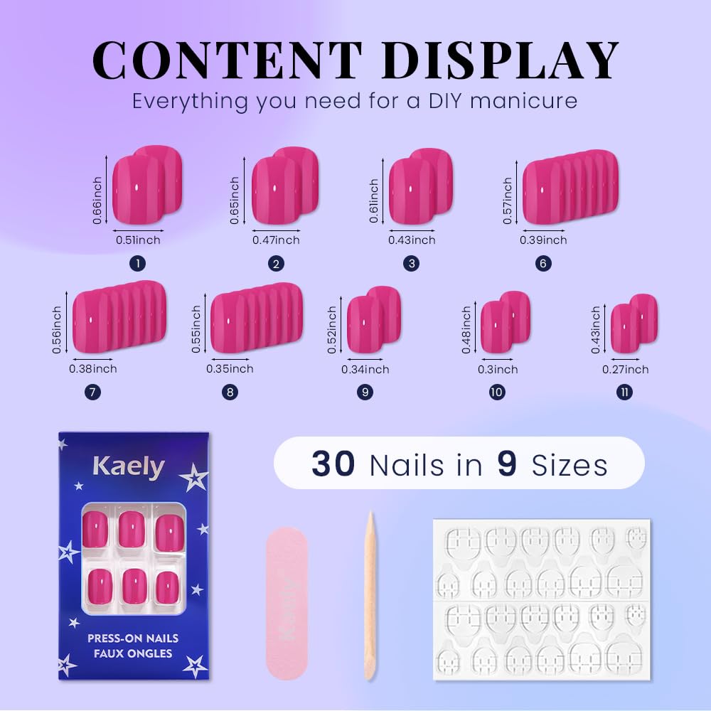 evpct Hot Pink Glossy Squoval Short Press on Nails for Women, Hot Pink Extra Short Squoval No Glue Stick on Nails with Kit, Reusable Full Cover Soft Press on Fake Nail Salon-quality Perfectly Fit