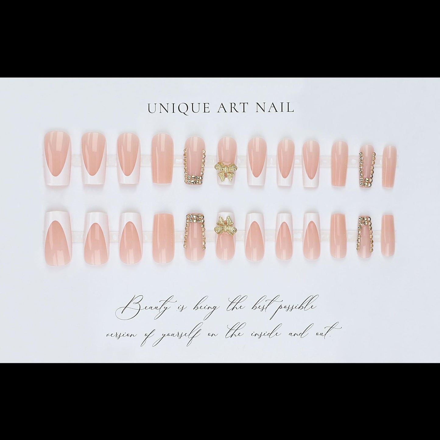 CTTHNBD Press on Nails Square - Medium Fake Nails with Bow Design - Rhinestone, French Tip False Nails Press ons - for Women 24 Pcs