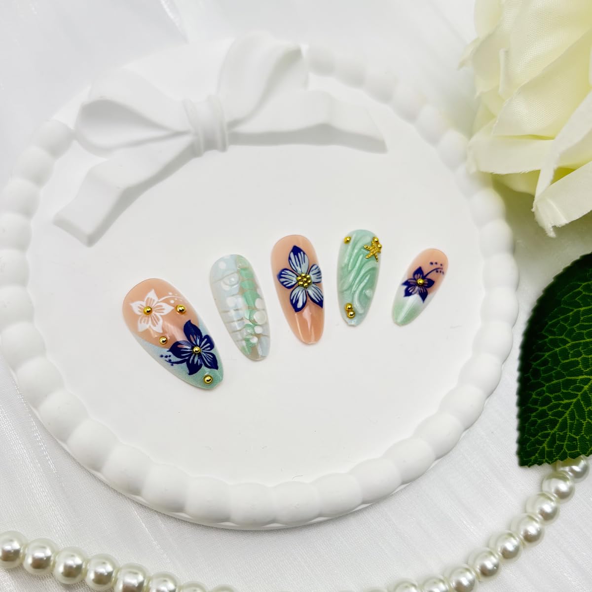 24Pcs Handmade Press on Nails Medium Almond Flower Fake Nails with 3D Gold Bead Starfish Design Spring Summer Acrylic Nails Glossy Green French Tip False Nails Blue White Floral Glue on Nail for Women