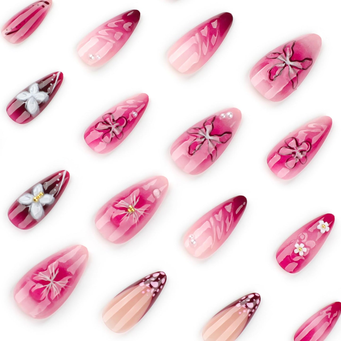 Cute Flowers Press on Nails Short Almond Press on French Tip Fake Nails White Butterfly False Nails with 3D Pearls Charms Designs Acrylic Nails Glossy Full Cover Glue on Nails for Women Manicure 24Pcs