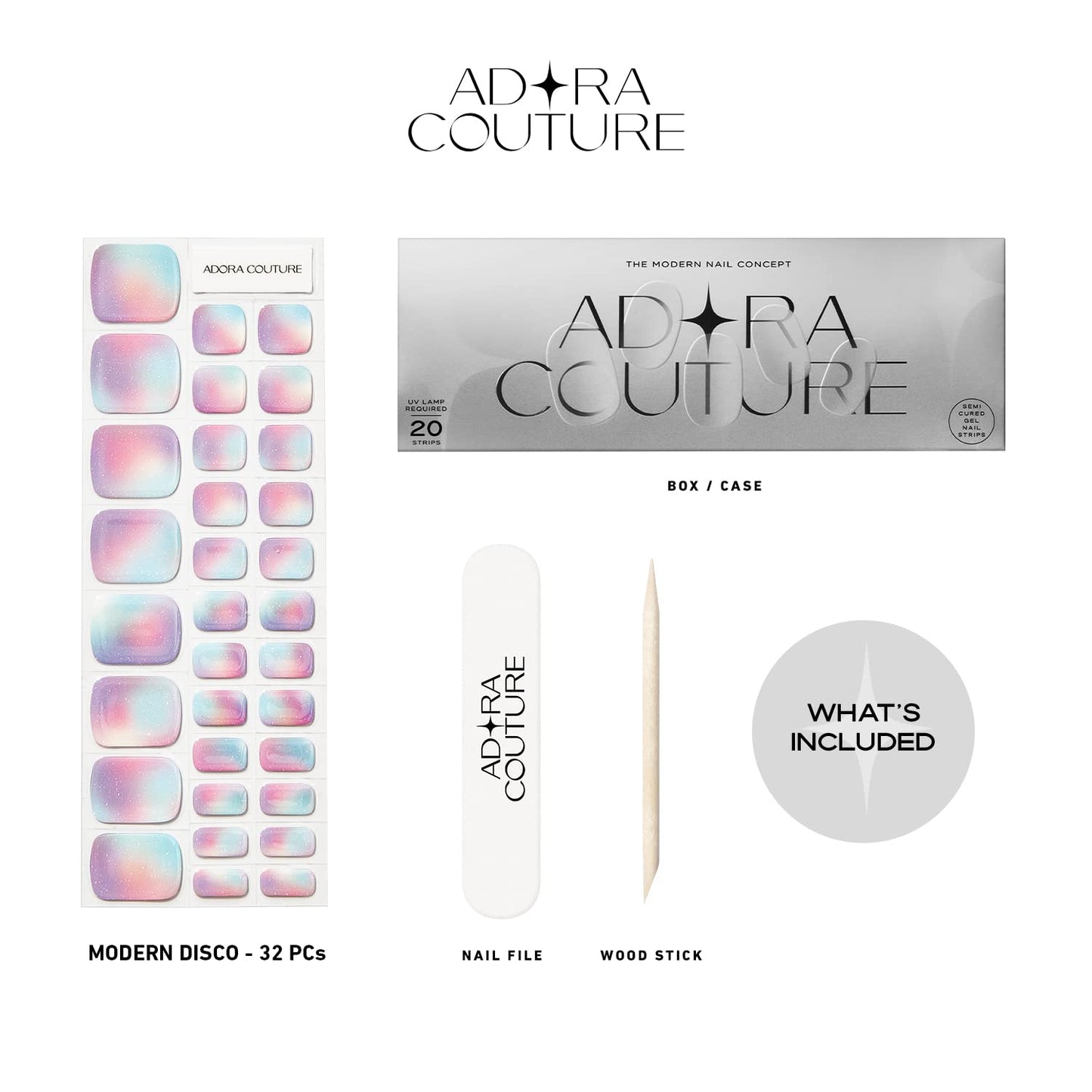 Adora Couture Semi Cured Gel Nail Strips - 32 pcs Gel Pedicure Stickers, Easy to Apply & Remove Toenail Stickers, Salon Quality At Home & Long Lasting - UV Nail Lamp Required - Modern Disco P