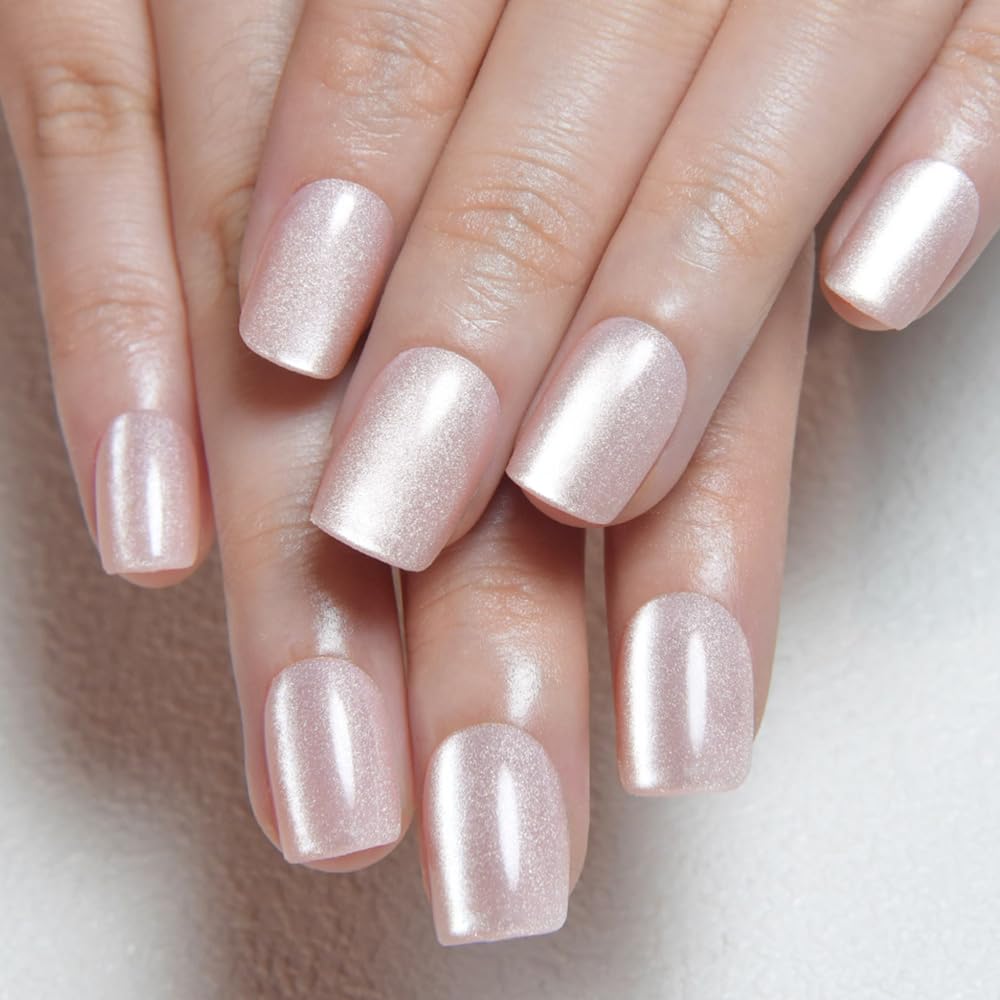 evpct Nude Cat Eye Short Press on Nails Square, Stick on Nails Short Square for Women Gift, Pearl White Metallic Glitter Glossy Reusable Spring Summer Soft Gel Press on Acrylic Fake Nail with Designs
