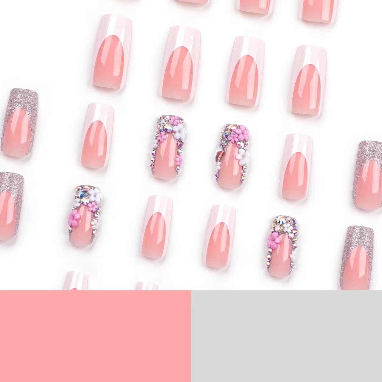 Medium Press on Nails Square - White French Tip Fake Nails with Floral Charms Design - Rhinestone Glitter Full Cover Stick on Nails for Women 24 Pcs