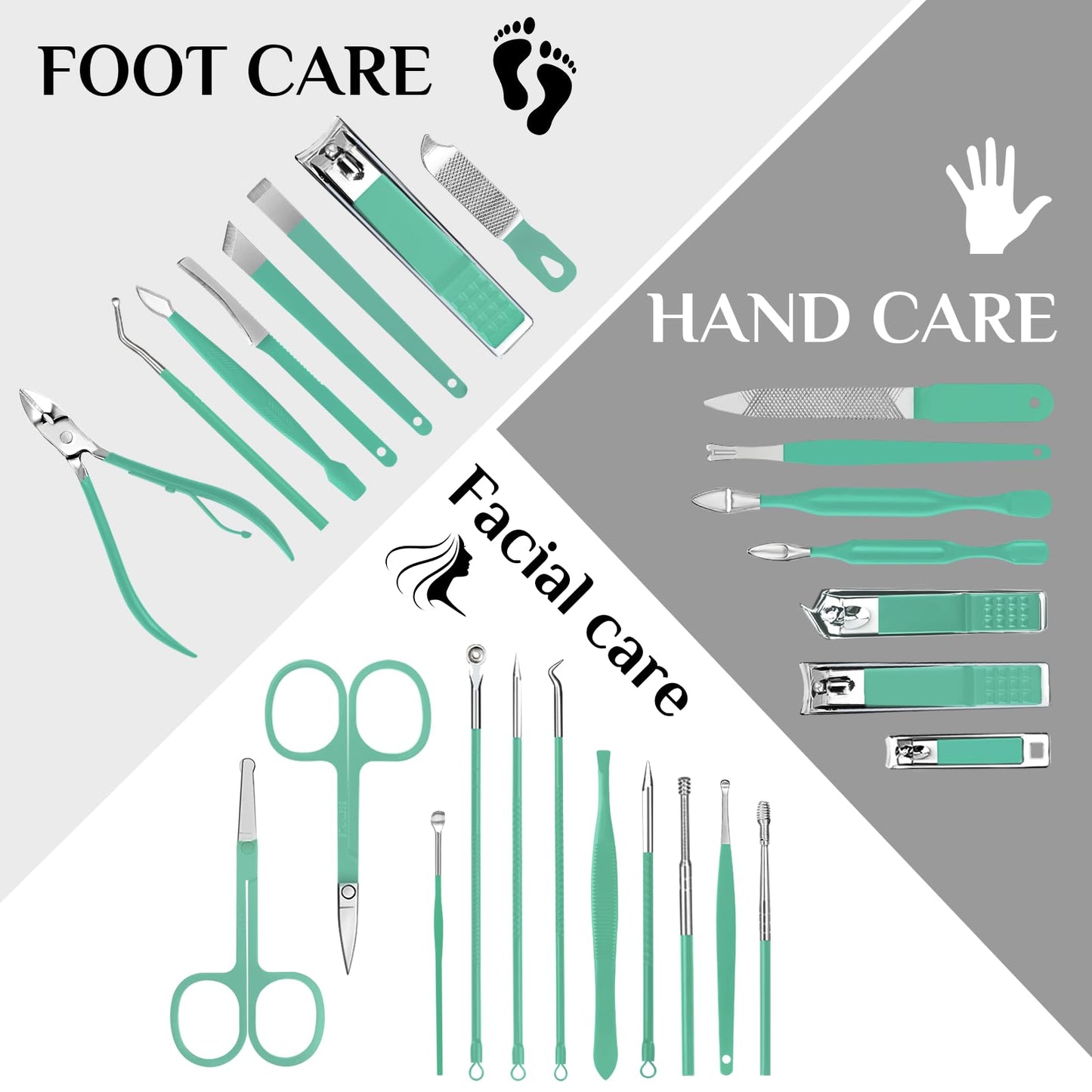MINKINH Travel Manicure Set 26-Piece, Portable Nail Clippers Kit with PU Case, Carbon Steel Clippers, 410 Stainless Steel Grooming Tools, Hand Foot Facial Care for Luggage Backpack（Green）