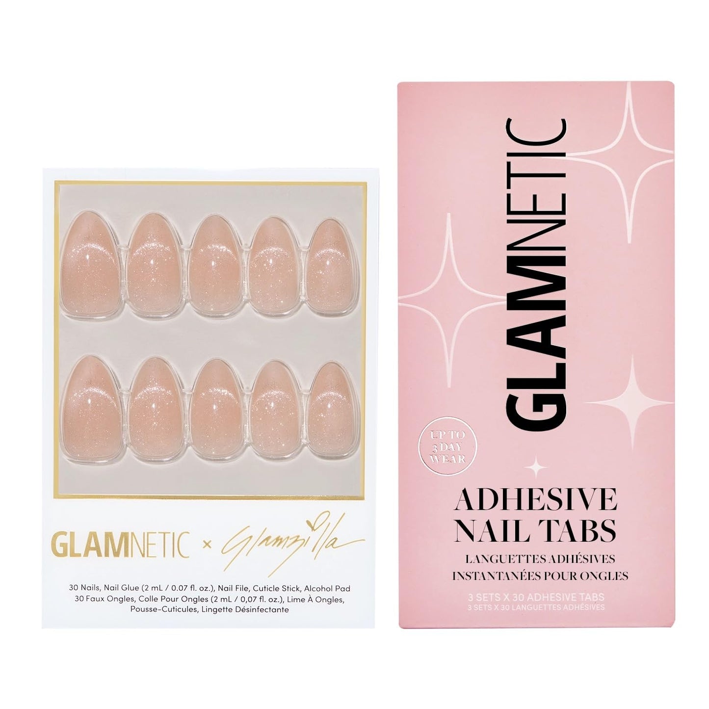 Glamnetic x GLAMZILLA Press-On Nails & Adhesive Nail Tabs - NOT YOUR CINDER-ELLA | Short Almond Nude Fake Nails with Velvet French Tip Effect | 15 Sizes - 30 Nail Kit with Adhesive Tabs