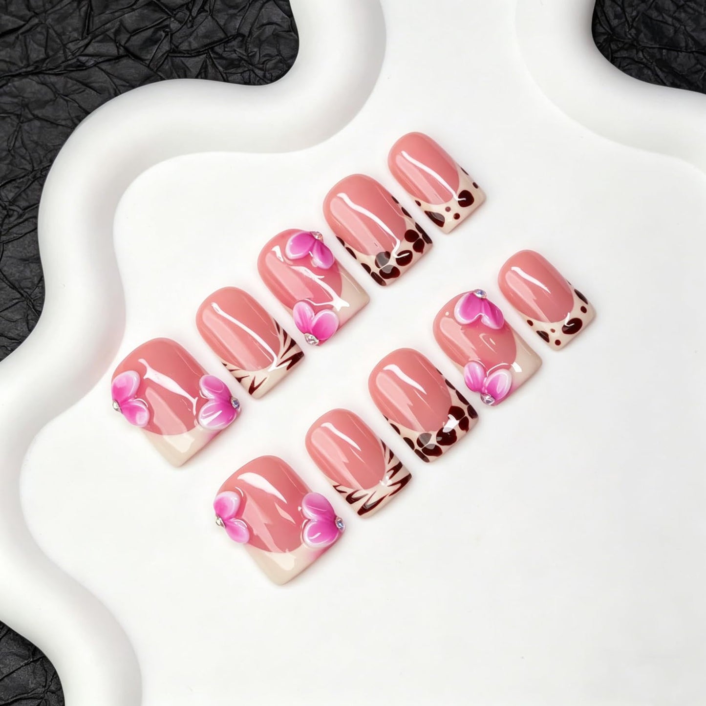 Luxury Handmade Press on Nails Pink White Gradient 3D Flower Fake Nails Stylish Short Square with Classic Leopard French Tip False Nail Thick Muti-Layer Gel Acrylic Stick on Nails for Women (S)