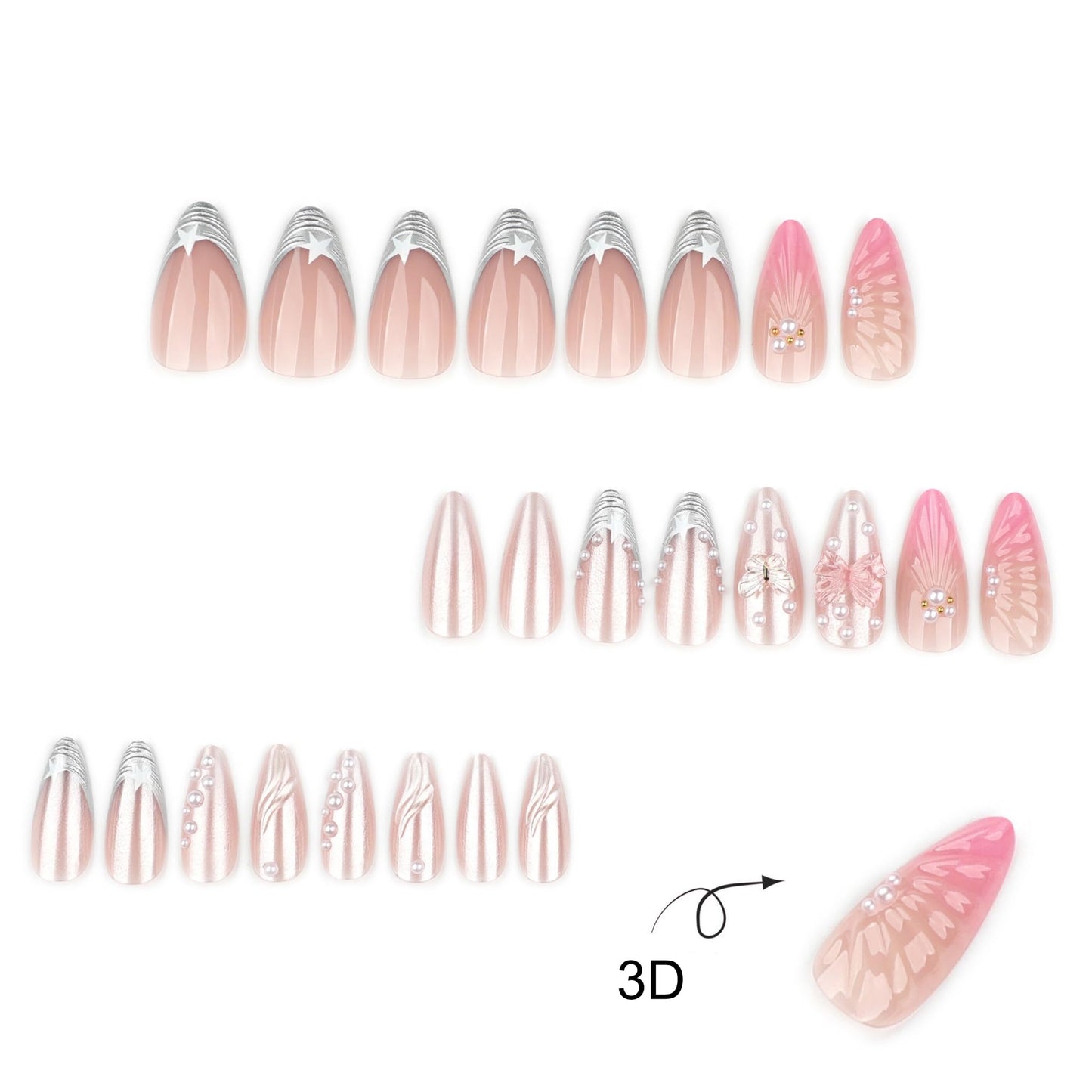Long Press on Nails Almond Fake Nails Pink Artificial Nail Seeneey Pearl and Silver Charm Designs Beach Stick on Nail for Women 24pcs
