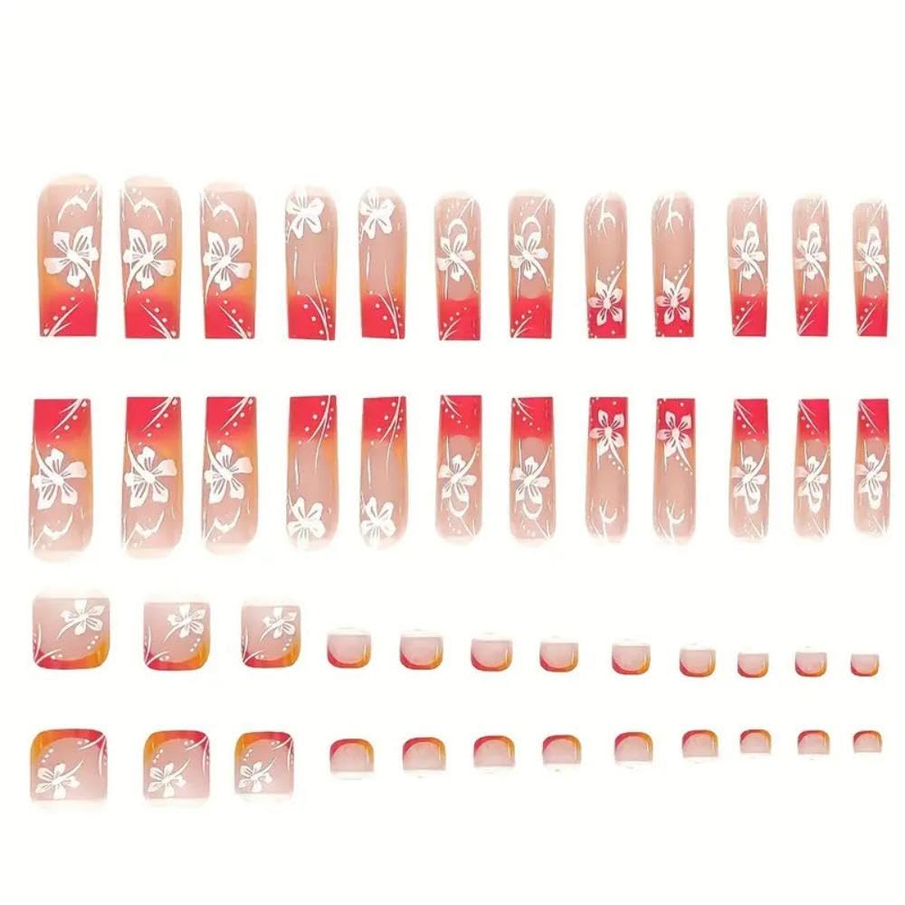 48Pcs Ombre Pink Orange French Tips Press on Nails Short Square Press on Toenails Long Square Stick on Nails with Flower Design Glossy Full Cover Fake Nails Summer False Toenails for Women Manicure