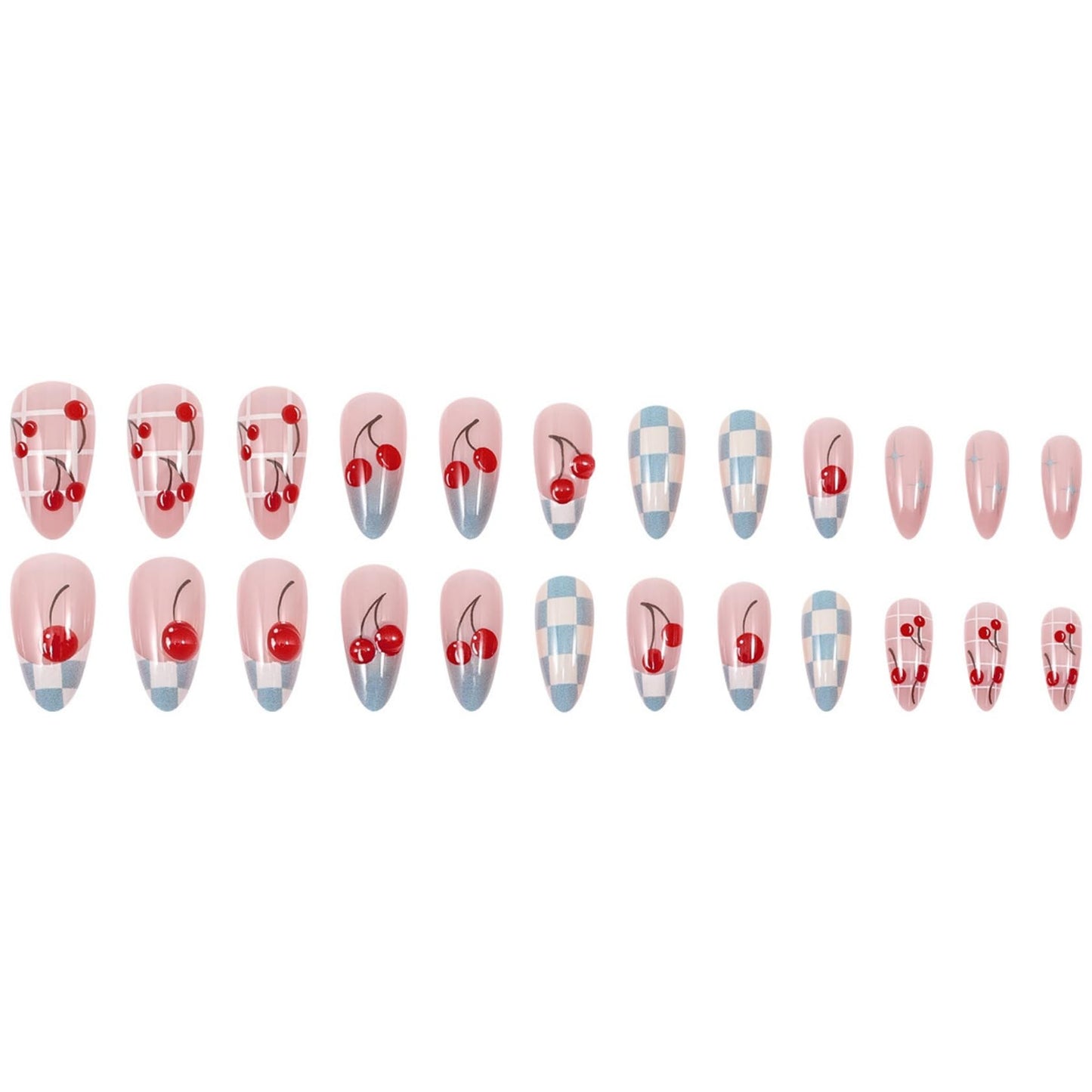 Medium Almond Press on Nails for Women,Cherry & Gingham Check Fake Nails Artificial Stick on Nails