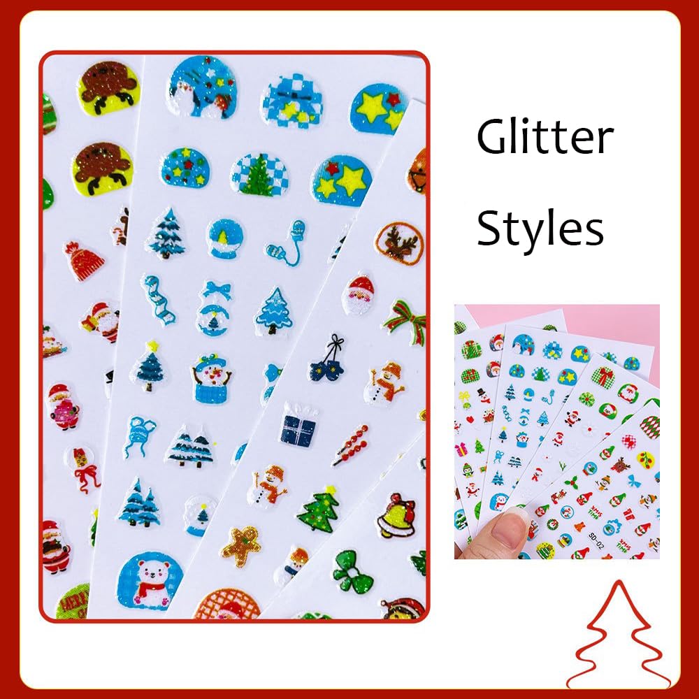 Christmas Nail Stickers Glow in The Dark Nail Art Stickers 3D Self Adhesive Cute Cartoon Christmas Tree Nail Art Supplies Snowman Snowflake Bow Nail Design Winter Xmas Nail Decals for Women 16 Sheets