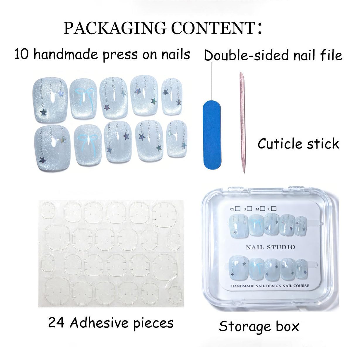 10Pcs Short Square Handmade Press On Nails | Easy Apply & Remove, Reusable Salon Quality Nails | Dreamy Glitter Fake Nails with 3D Star & Bow Accents (RR05, XS)