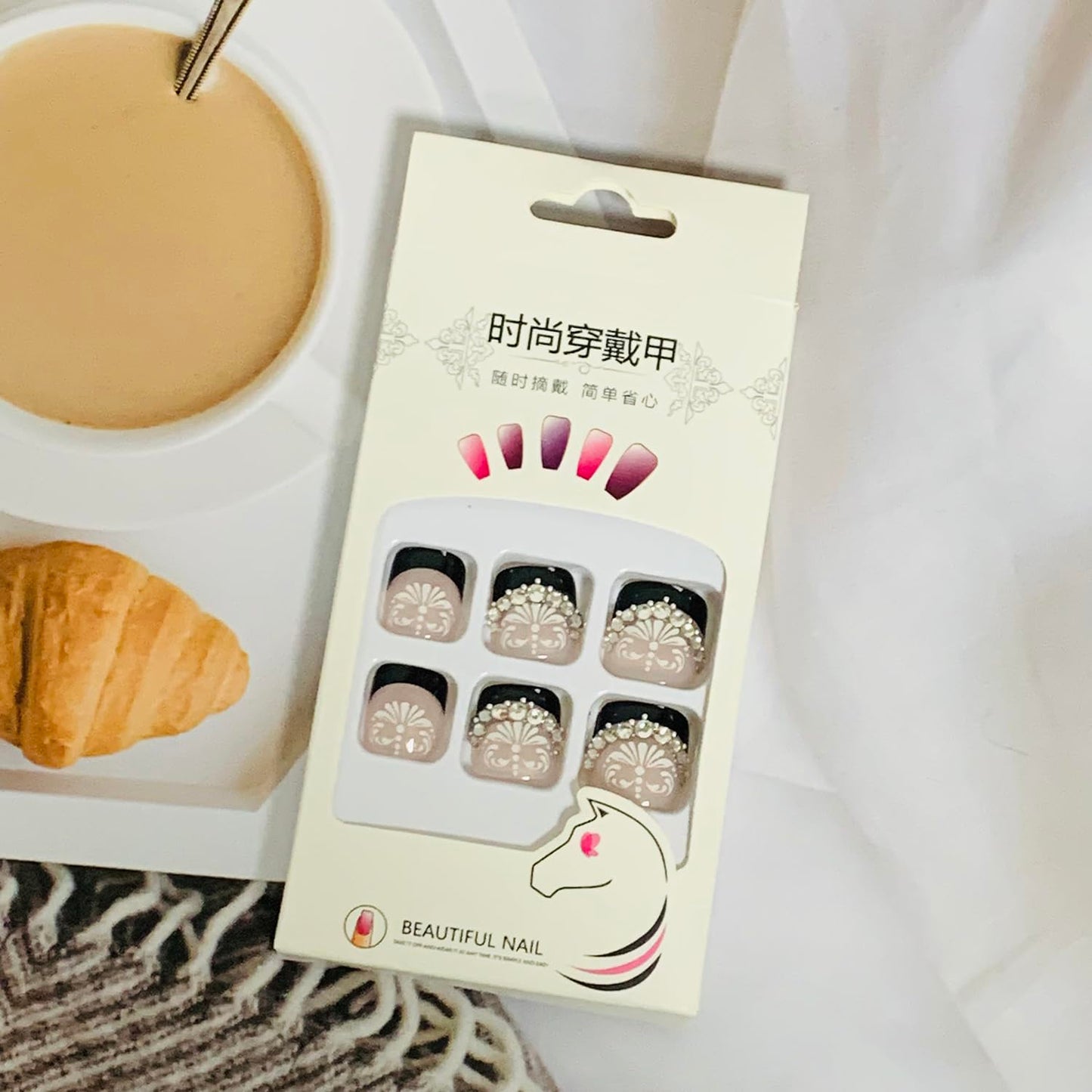 Press on Toenails with Flower Designs, Artificial French Black Fake Nails for Toe, Full Cover Rhinestone Coffin Acrylic False Nails, Glue on Toenails with Charm, Stick on Toe Nails for Women(JZ035)