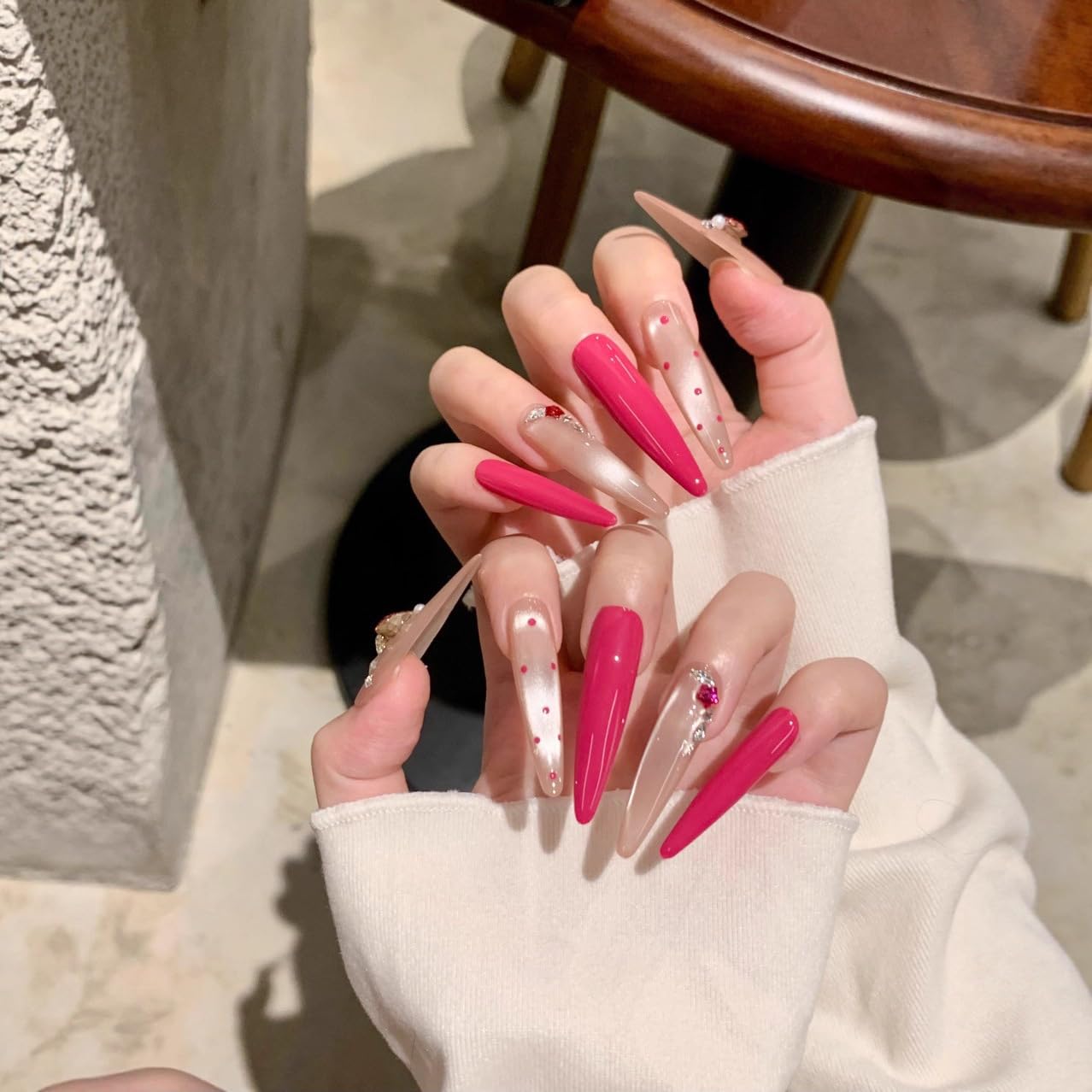 Glam Silver Coral Press On Nails, Heart Rhinestone Embellished Extra Long Stiletto Fake Nails, Reusable Manicure Set (M)