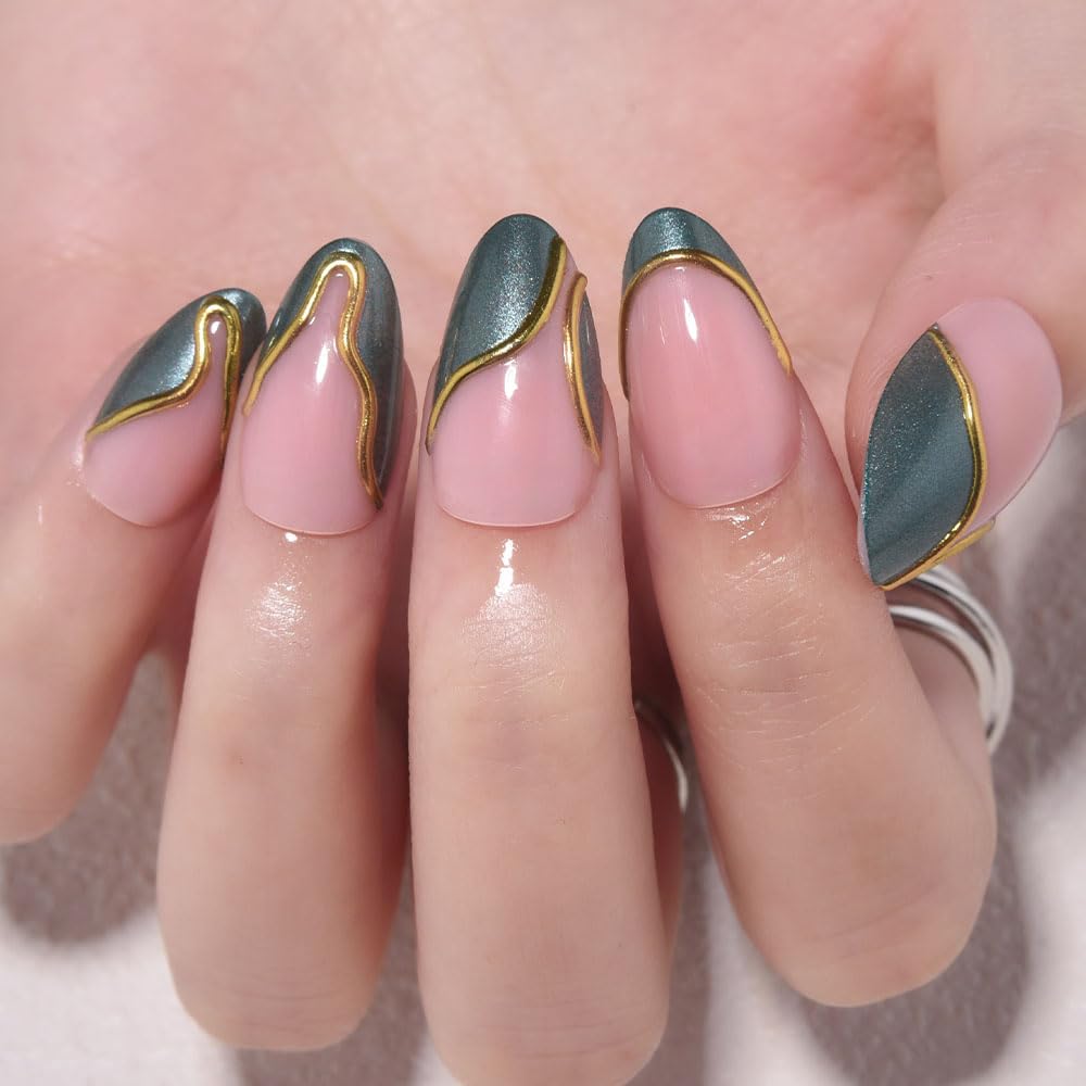 evpct French Tip Press On Nails Short Almond, Nude Pink + Gold Line & Dark Green Tips, Short Almond Fake False Press on Nails, Reusable Gel Stick on nail Press ons with Nail Kit, Salon Quality