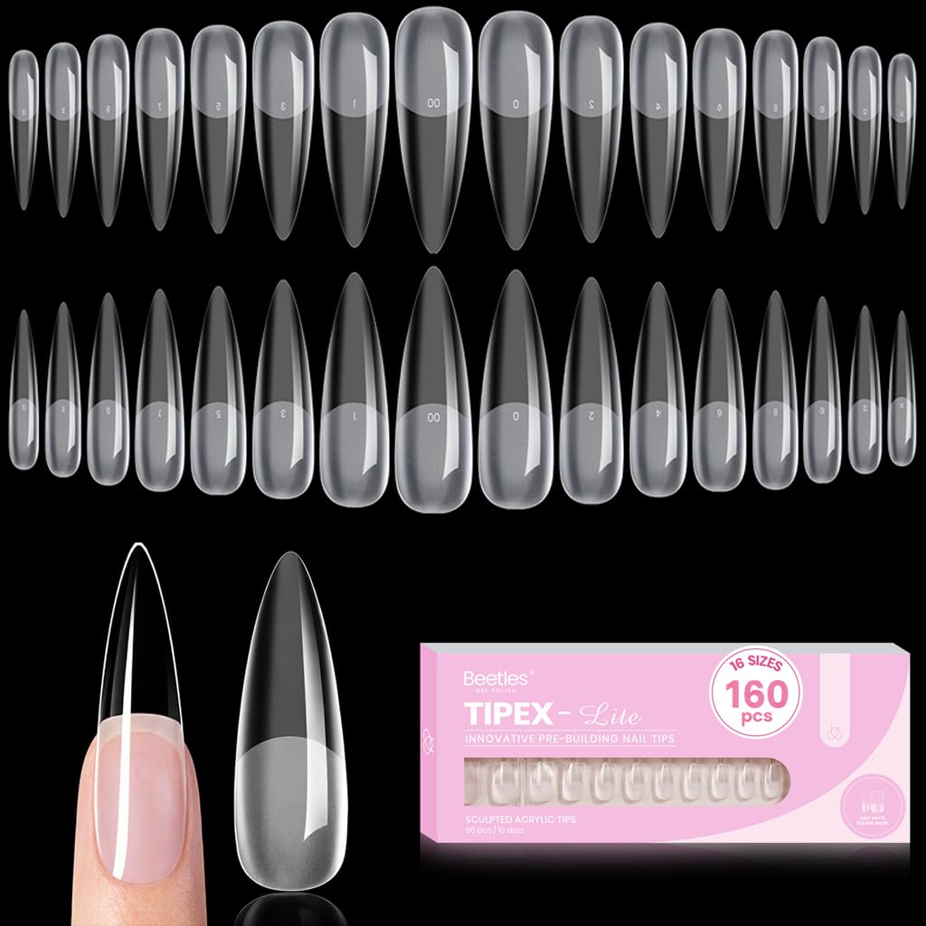 Beetles Tipex Lite Instant Apex Nail Tips, XL Long Stiletto, 16 Sizes | 00–14, 160PCS, Built-in Apex Acrylic Tips for Flat & Natural Nail Beds, Beginner-Friendly Easy DIY Nail Extensions