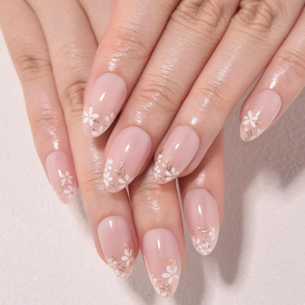 evpct 3D Nude Pink Press on Nails Short Almond No Glue with Gold White Flower Design, Short Almond Stick on Nails for Women Gift with Kit, Reusable Soft Acrylic Press on Fake Nail with Floral Design
