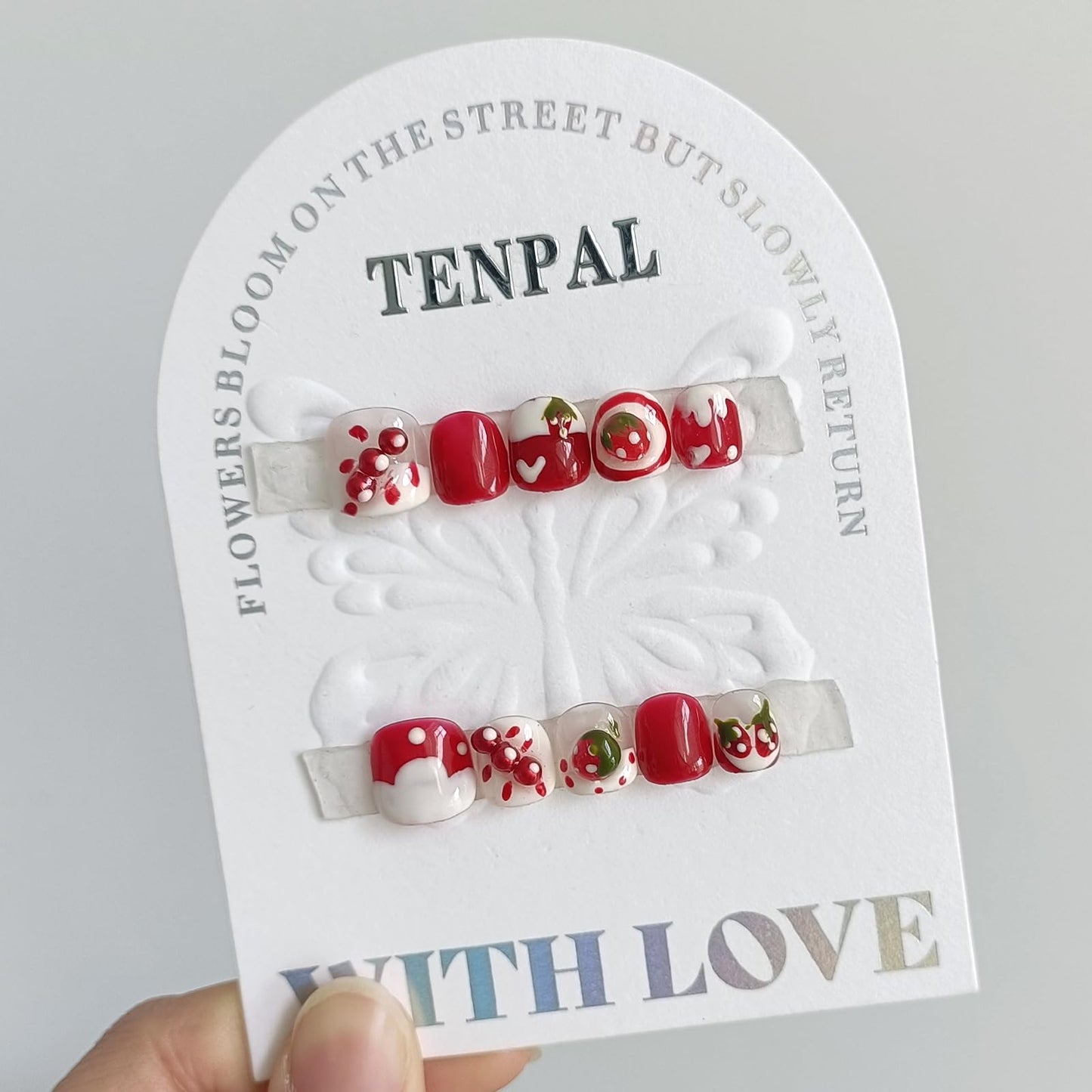 TENPAL Handmade Press on Nails for 3-12 Year Olds Girls,Resuable Gel Fake Nails with Tools for Children,Cute Nails with Lovely Strawberry Designs,Short Nails for Girls Kids Nail Art 10pcs Size(M)