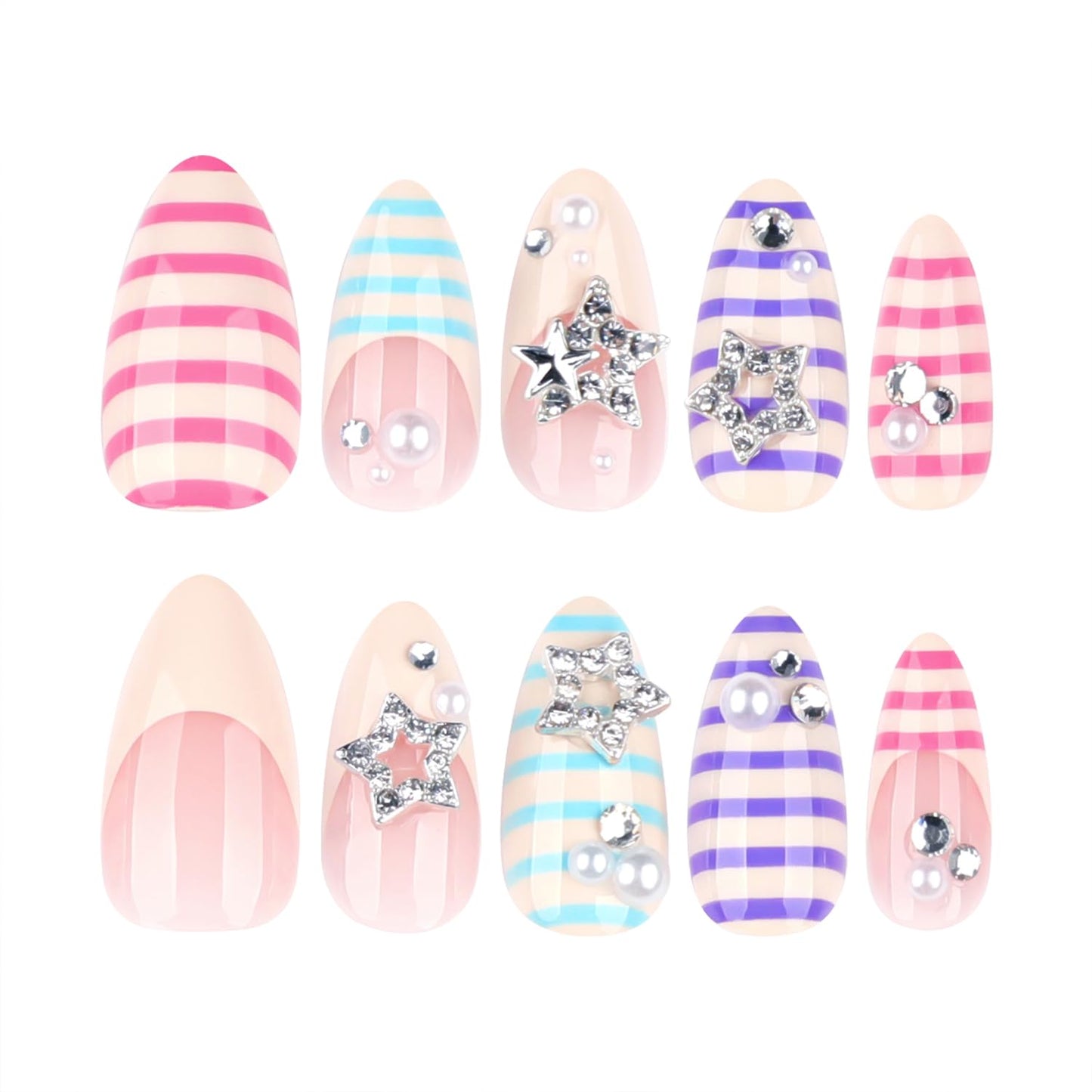 Mivota Soft Gel Press On Nails Medium Almond Colorful Stripe Design with 3D Star & Pearl, Reusable Glue On Fake Nails for Women, Cute Y2K Salon Manicure Set 24PCS
