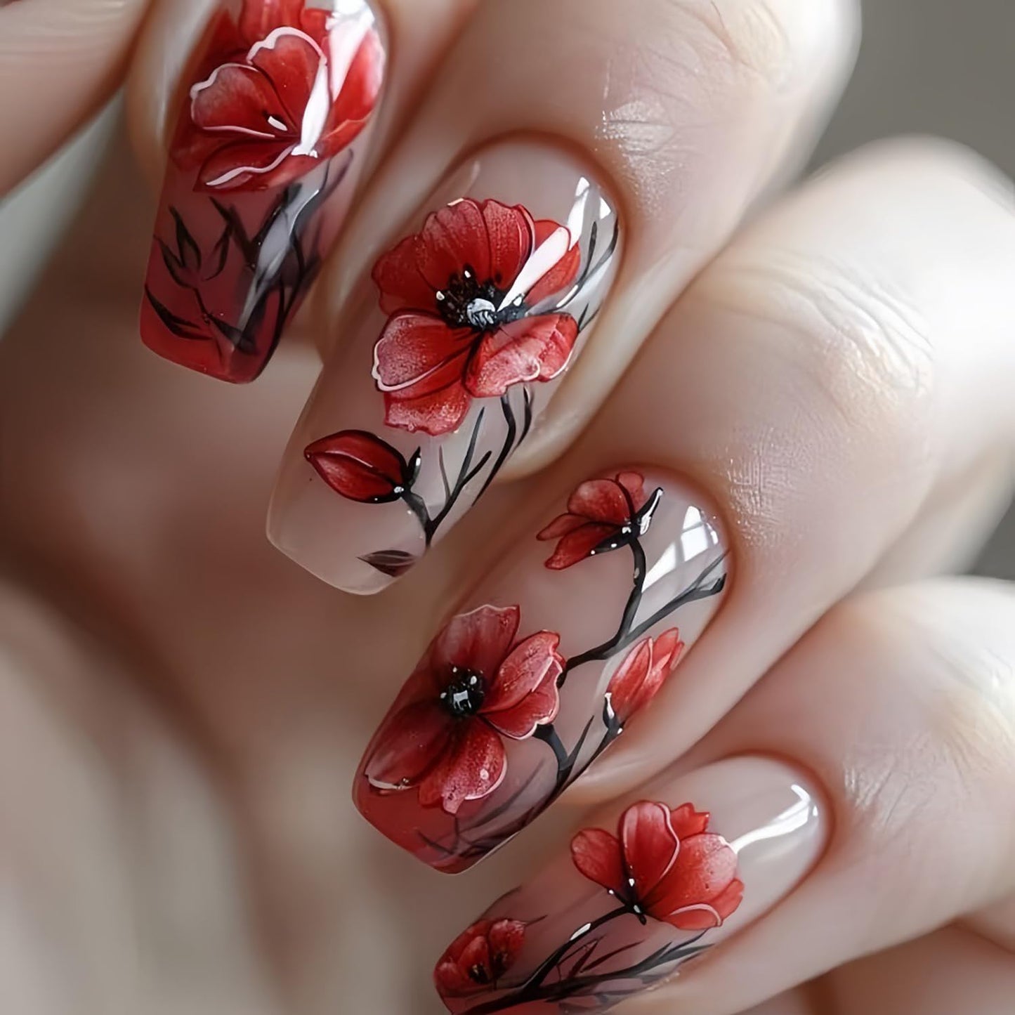 CJDLTS Red Flower Press on Nails Medium Ballet Shaped Full Cover Glossy Floral Stick on Nail Artificial Acrylic Blossom Fake Nail Reusable Medium Glue on Nails for Women Manicure Art 24Pcs