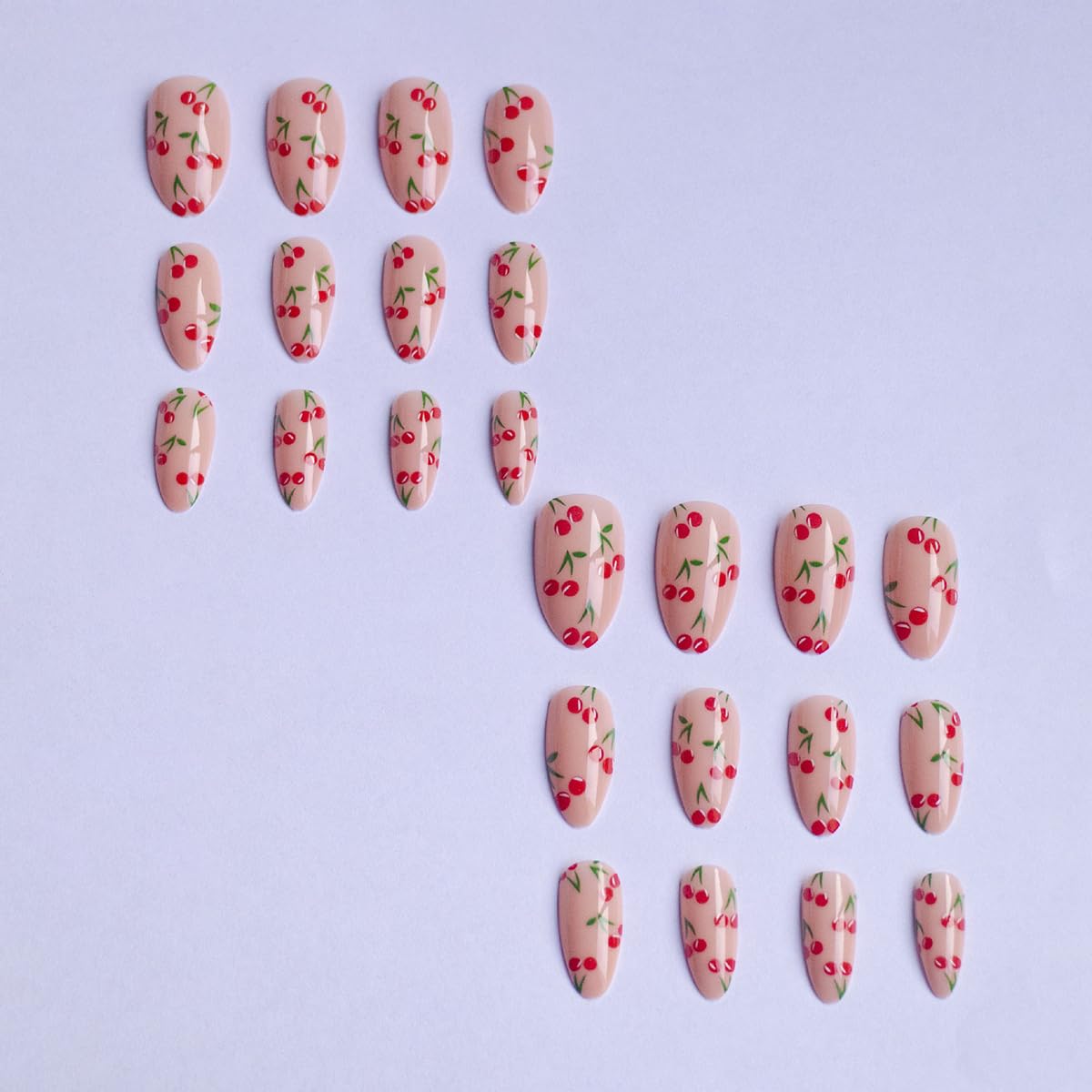 Cute Cherry Press on Nails Short Fake Nails Almond False Nails with Glossy Designs Nude Pink Acrylic Glue on Nail Reusable Holiday DIY Nail Art for Women Girls 24Pcs Stick on Nails