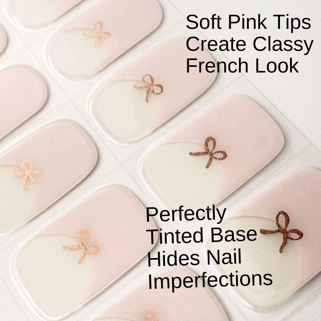 ALICE & BELLA Semi Cured Gel Nail Strips-20 PCS Light Pink French Tips with Rose Gold Bow Salon Quality Nail Gel Stickers, Use with UV Light Lamp, (French Rose Gold Bow)