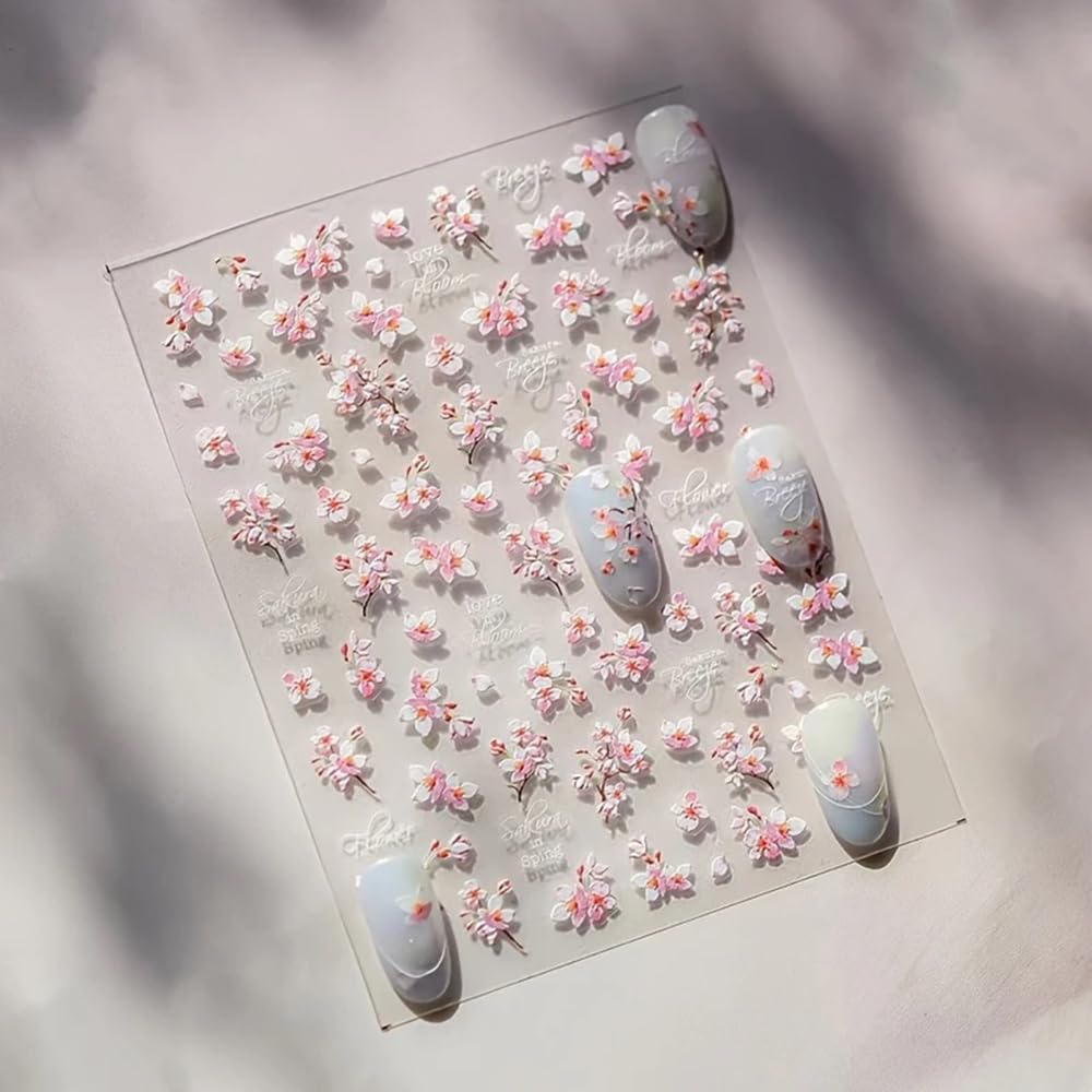5D Embossed Flower Nail Stickers for Nail Art Designs 1PCS Cherry Blossoms Nail Decals Spring Summer Manicure Sliders Self-Adhesive Floral Supplies Pink Flower Nail Art Stickers for Nail Decoration