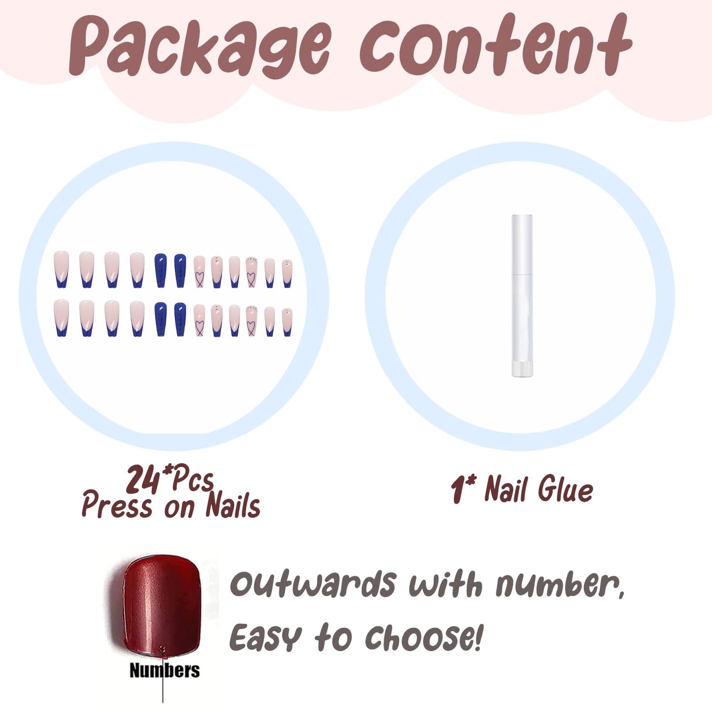 BABALAL Coffin Press on Nails Long Fake Nails Blue French Tip Heart Glue on Nails Rhinestone Ballerina Acrylic Nail for Women and Girls 24Pcs Valentines Press on
