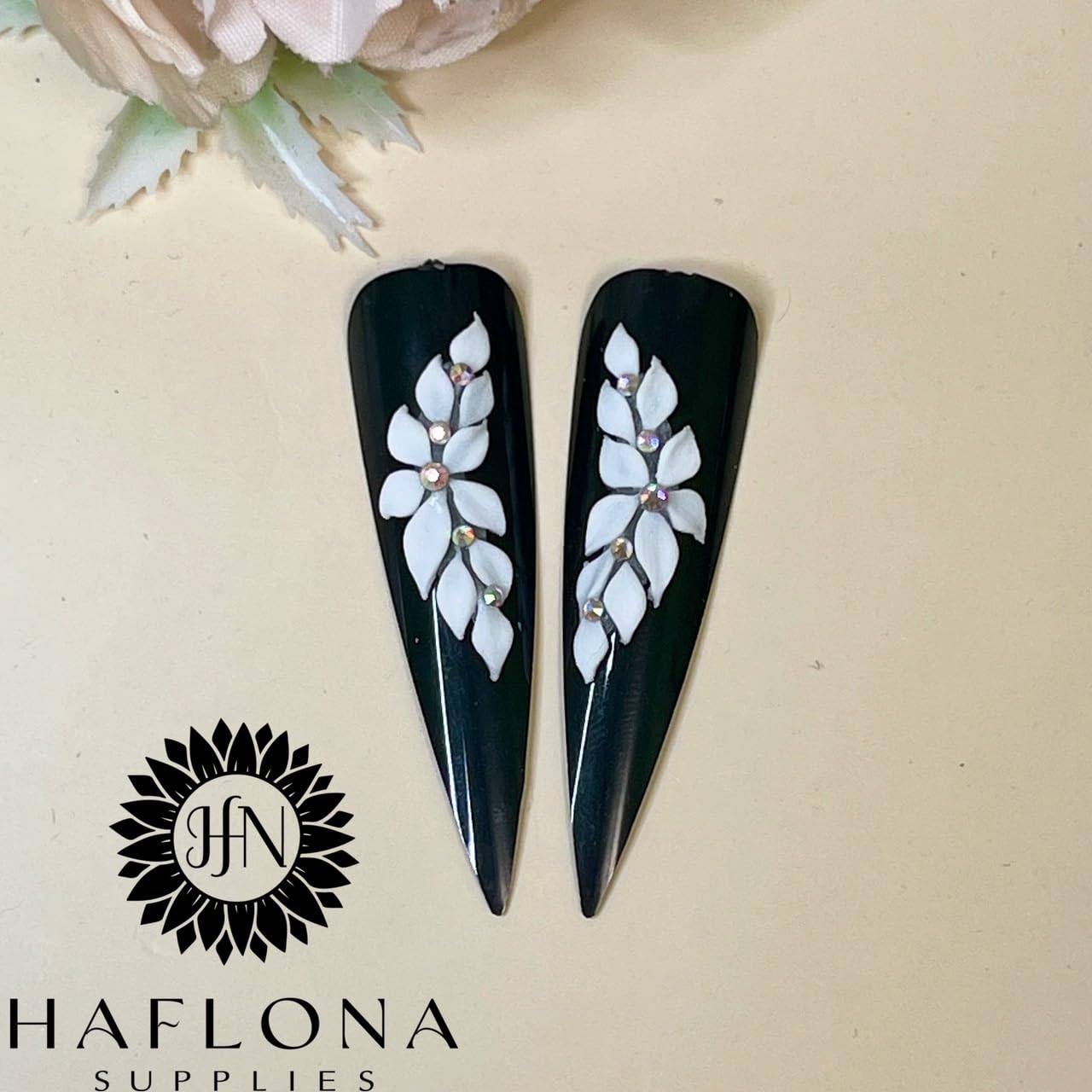 Handmade 12Pcs -3D -Acrylic White Apricot -Flowers -for -Nails Long Size L, XL, XXL, Flower Nail Charms Rhinestones, Floral Gems Kit Accents for Crafts and Designs -HaFloNa