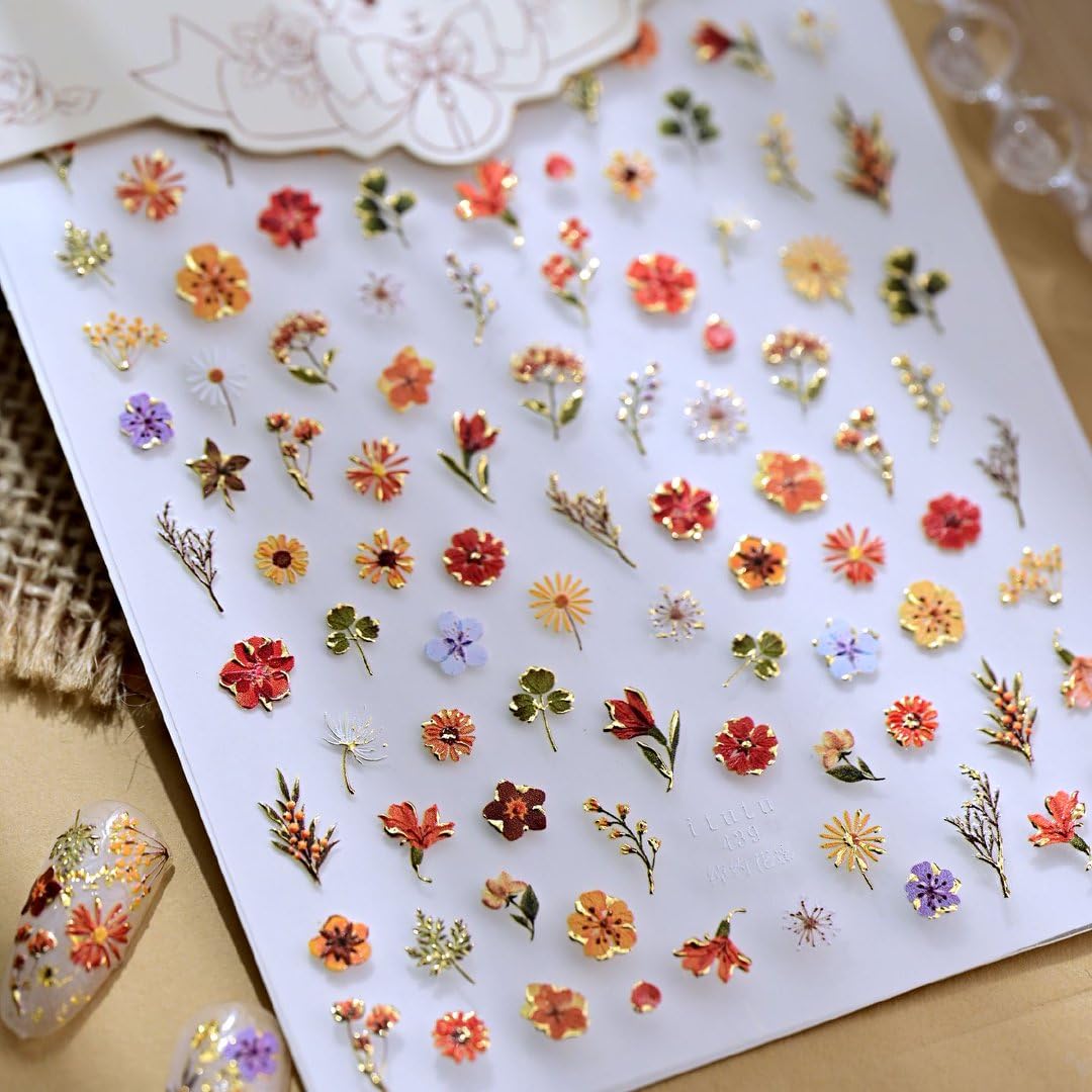 5D Embossed Flower Nail Art Stickers Decals Fall Nail Decals Self-Adhesive Autumn Floral Nail Supplies Nail Art Design for Women Girls Nail Decoration Accessories