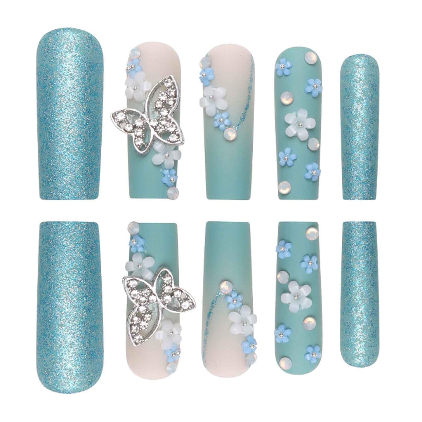 DANMANR Gradient Press on Nails Matte Fake Acrylic Long Blue Nails Square French Full Cover Butterfly Fake Nails for Women and Girls 24PCS