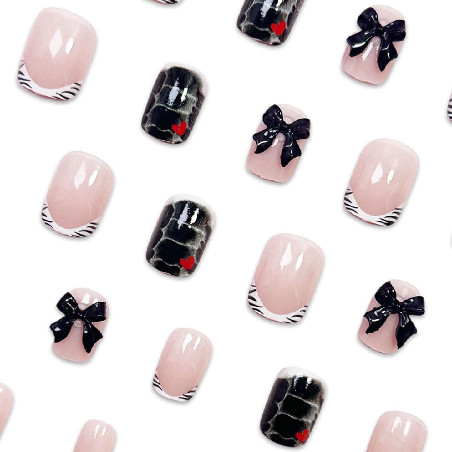 IMSOHOT Short Square Press on Nails with 3D Bow Charm Designs Black White French Tips Fake Nails Acrylic Full Cover Glossy False Nails Glue Stick on Nails for Women Girls 24Pcs