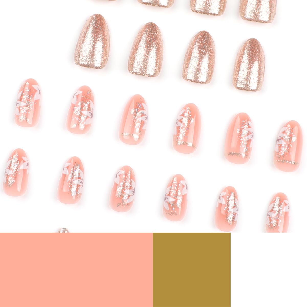 24Pcs Press on Nails Short Almond Shape Fake Nails with Flower Designs Glitter Gold Press ons Full Cover False Nails Glue on Nails Acrylic Nail Kit for Women Manicure Art Decorations