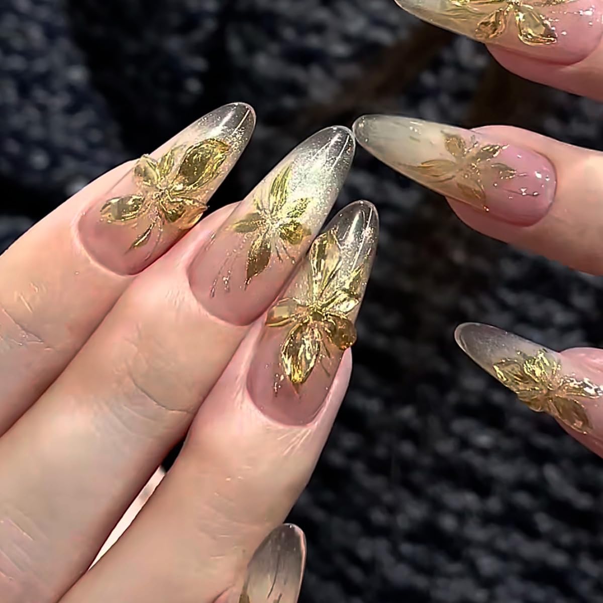 24Pcs Gold Press on Nails Almond Long Glitter Nude Fake Nails Luxury Metallic Flower Acrylic Nails Glue on Nails Reusable Full Cover False Nails for Women Wedding Party Daily DIY Manicure