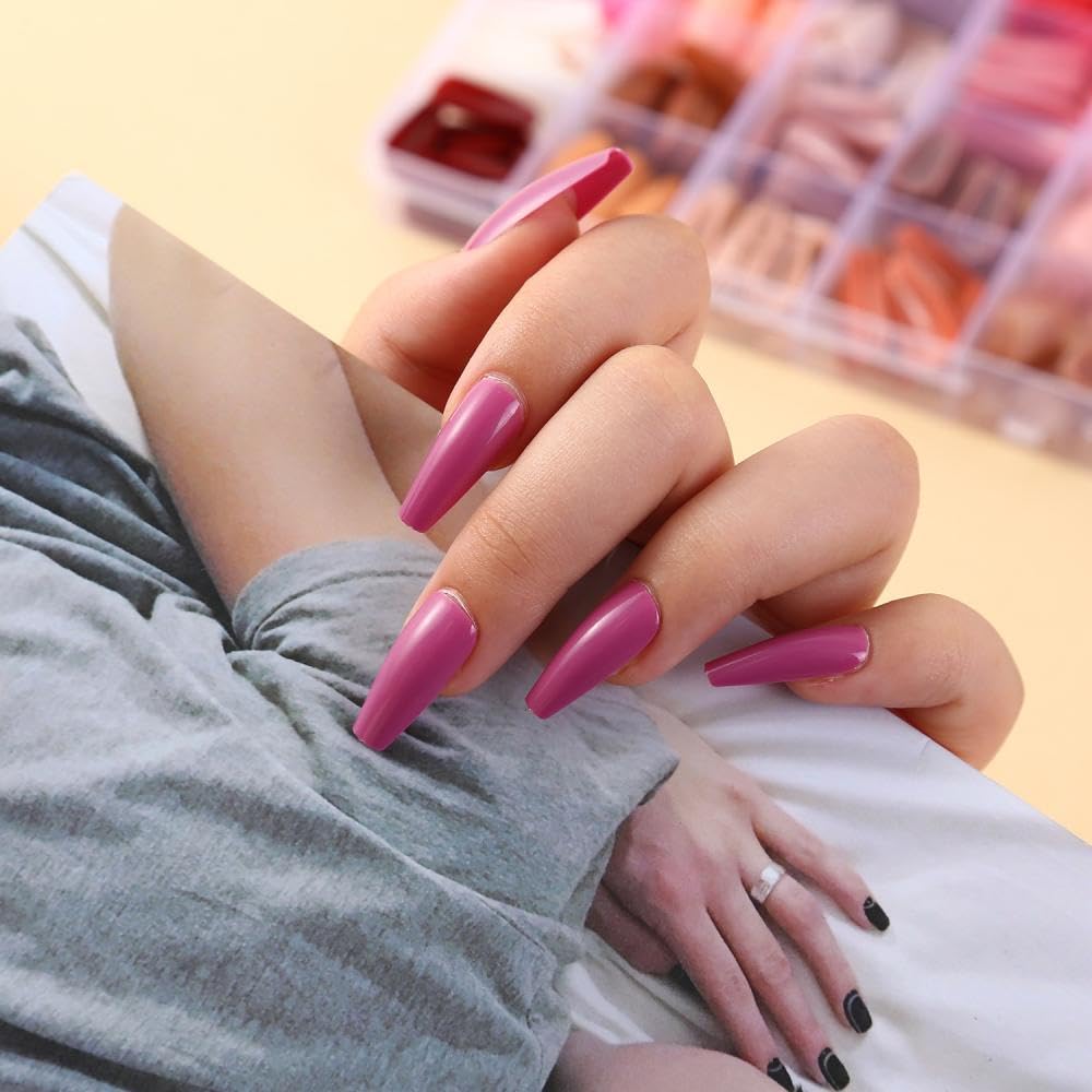 576Pcs Medium Coffin Press on Nails 24 Solid Color Fake Nails with Designs Short Ballerina False Nails Full Cover Color Glue on Nails Glossy Summer Stick on Nail Set for Women Girls Nail Art DIY