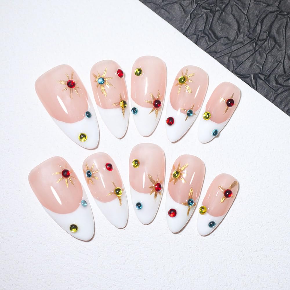 10PCS Luxury Handmade Press On Nails Nude Gradient Cat's Eye with Pearl Bow & Sparkling Rhinestones for Wedding & Party Reusable Almond Fake Nails Design Gift For Women and Girls (L05, M)
